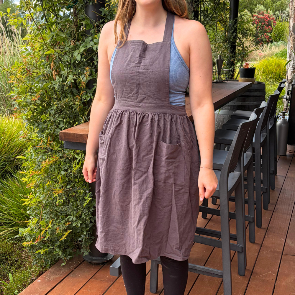 Pinafore Cotton Vintage Cross Back Apron with Pockets for Women - Charcoal
