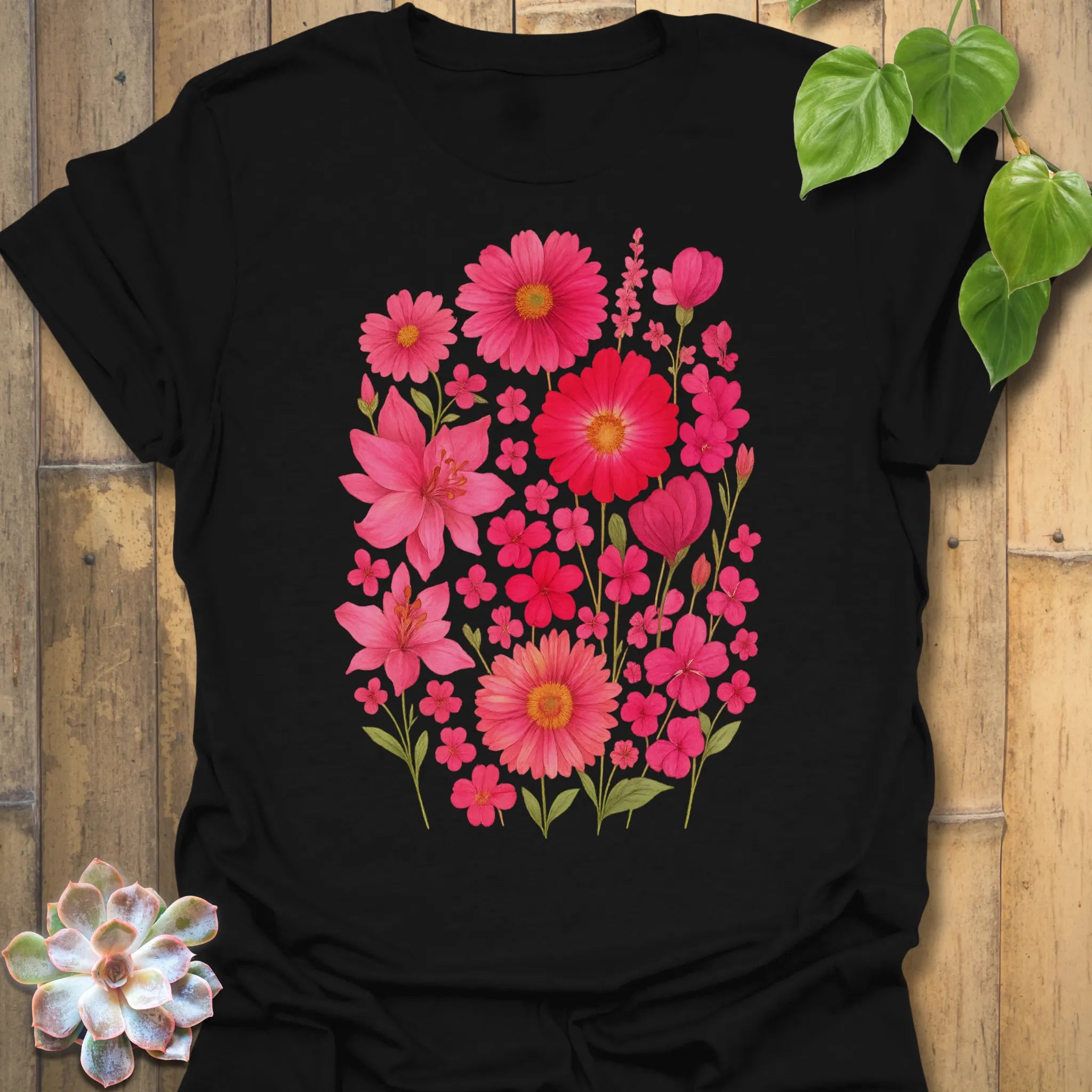 Black “Pink Blossom” T-shirt featuring bright pink floral blooms printed on soft Gildan 64000 cotton — bold and elegant for garden lovers.