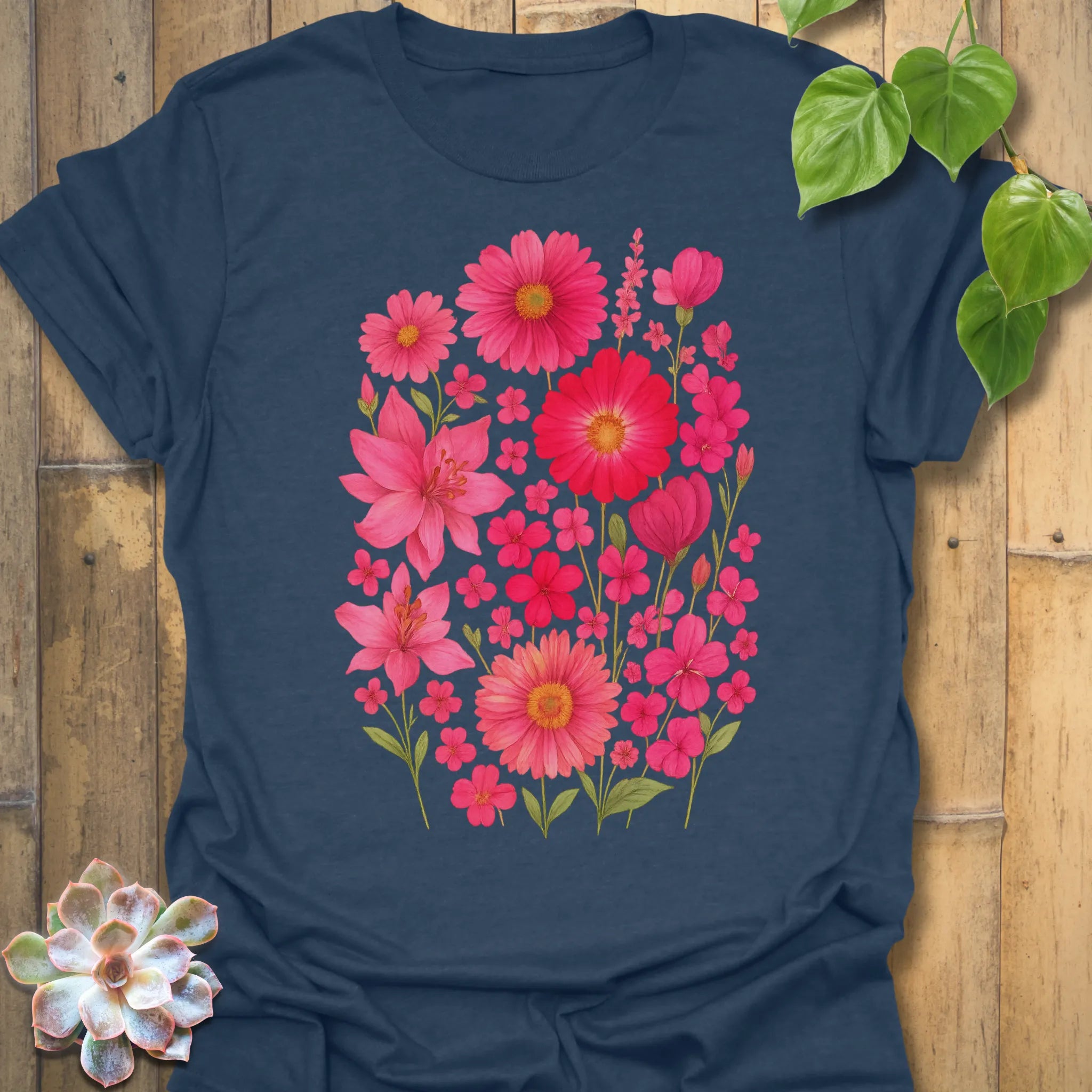 Heather navy “Pink Blossom” T-shirt with vibrant pink flowers and soft cotton texture — cheerful floral print for everyday wear.