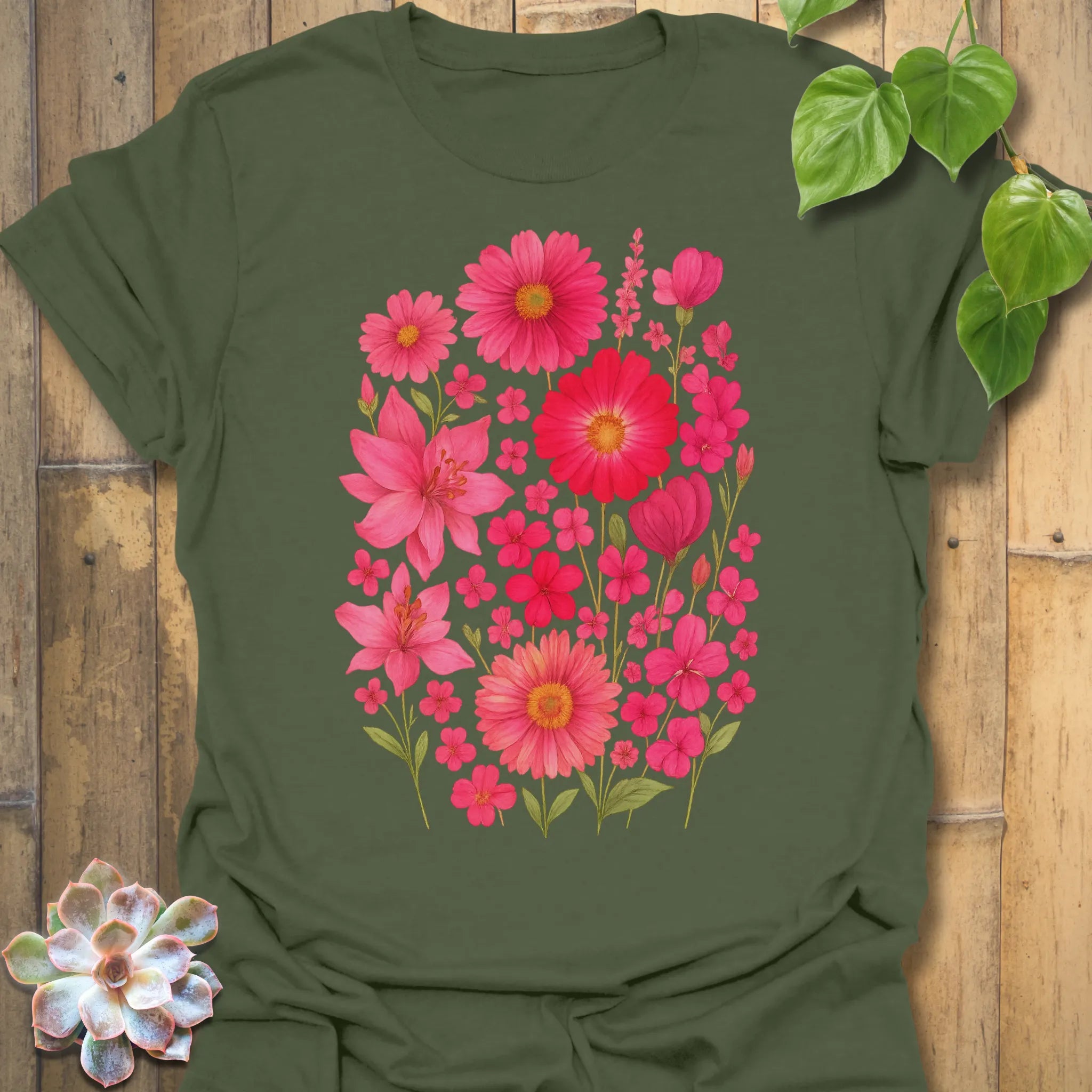 Military green “Pink Blossom” T-shirt with bold pink blooms and earthy contrast — soft cotton comfort for nature lovers.