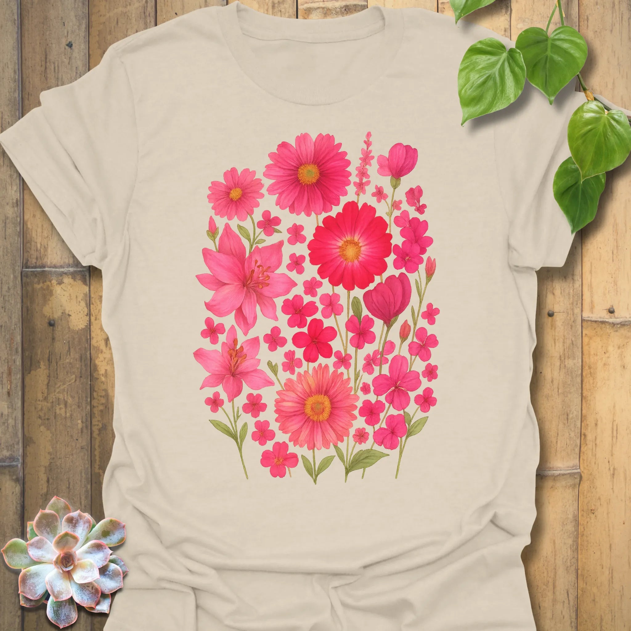 Natural off-white “Pink Blossom” T-shirt featuring a vibrant pink floral print — soft Gildan 64000 cotton for relaxed style.