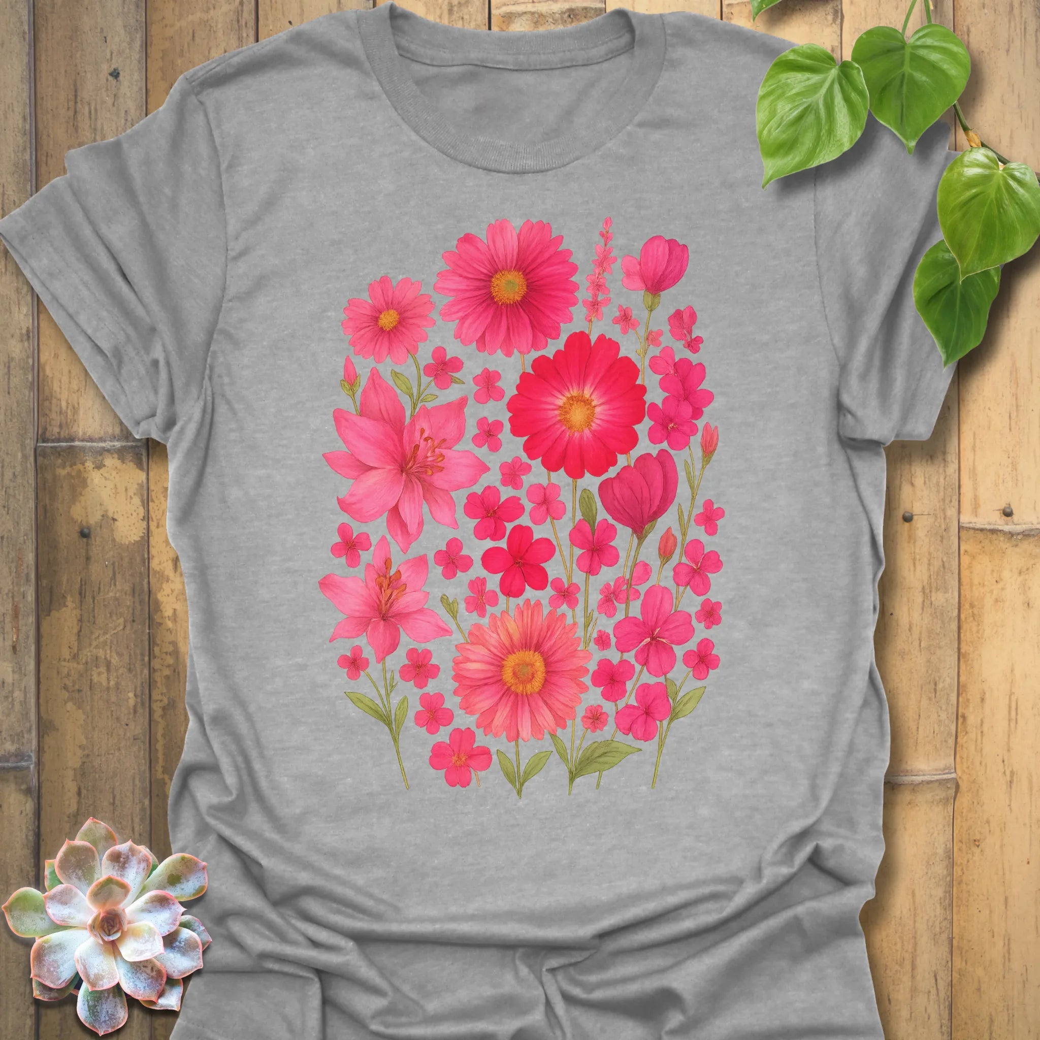 Sport grey “Pink Blossom” tee decorated with pink floral bouquet artwork — soft cotton-blend Gildan 64000 shirt.