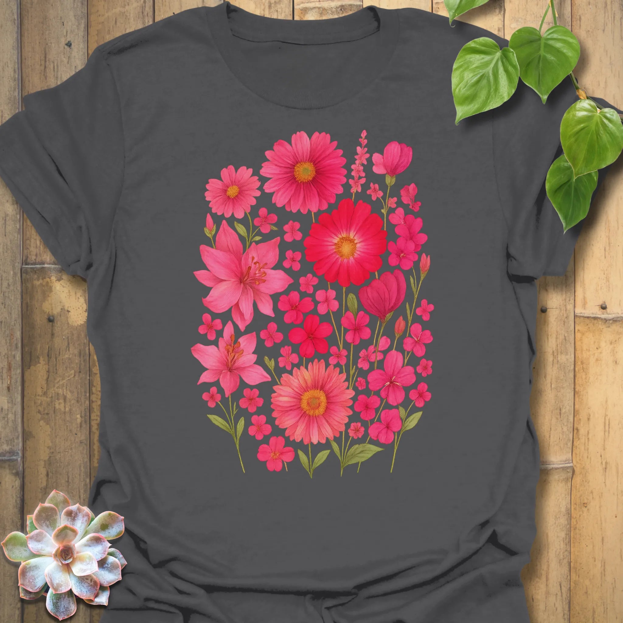 Charcoal “Pink Blossom” tee with vivid pink flowers in full bloom — detailed floral artwork on premium Gildan 64000 cotton.