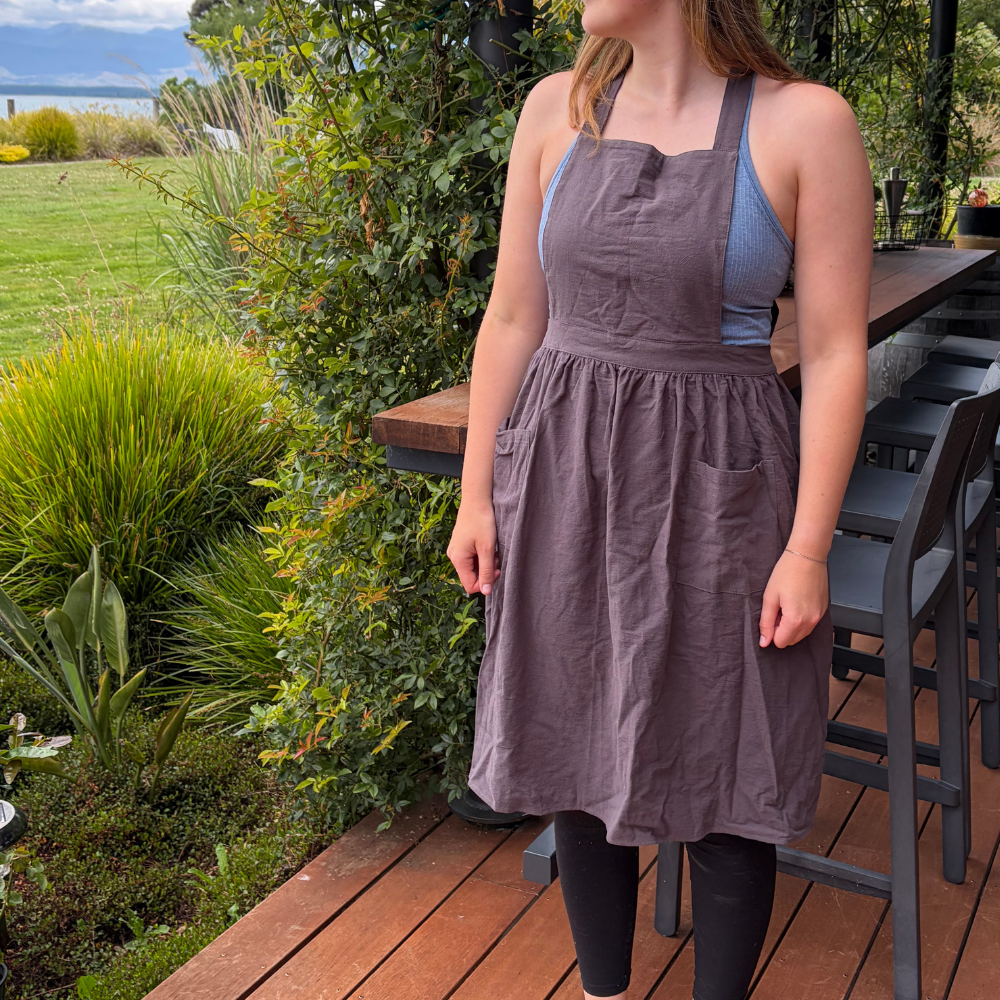 Pinafore Cotton Vintage Cross Back Apron with Pockets for Women - Charcoal