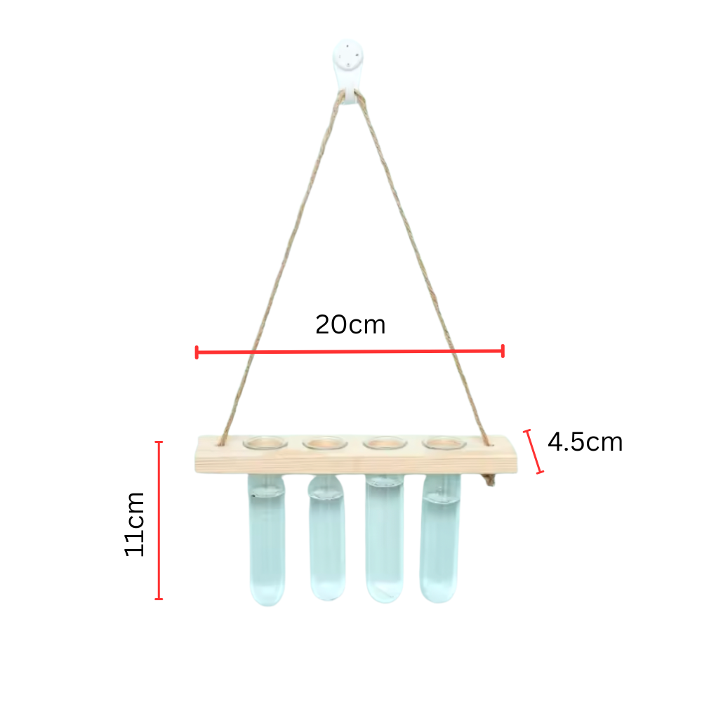 Hanging Glass Test Tube Propagation Vase – Wooden Frame (4 Tubes) - Clearance