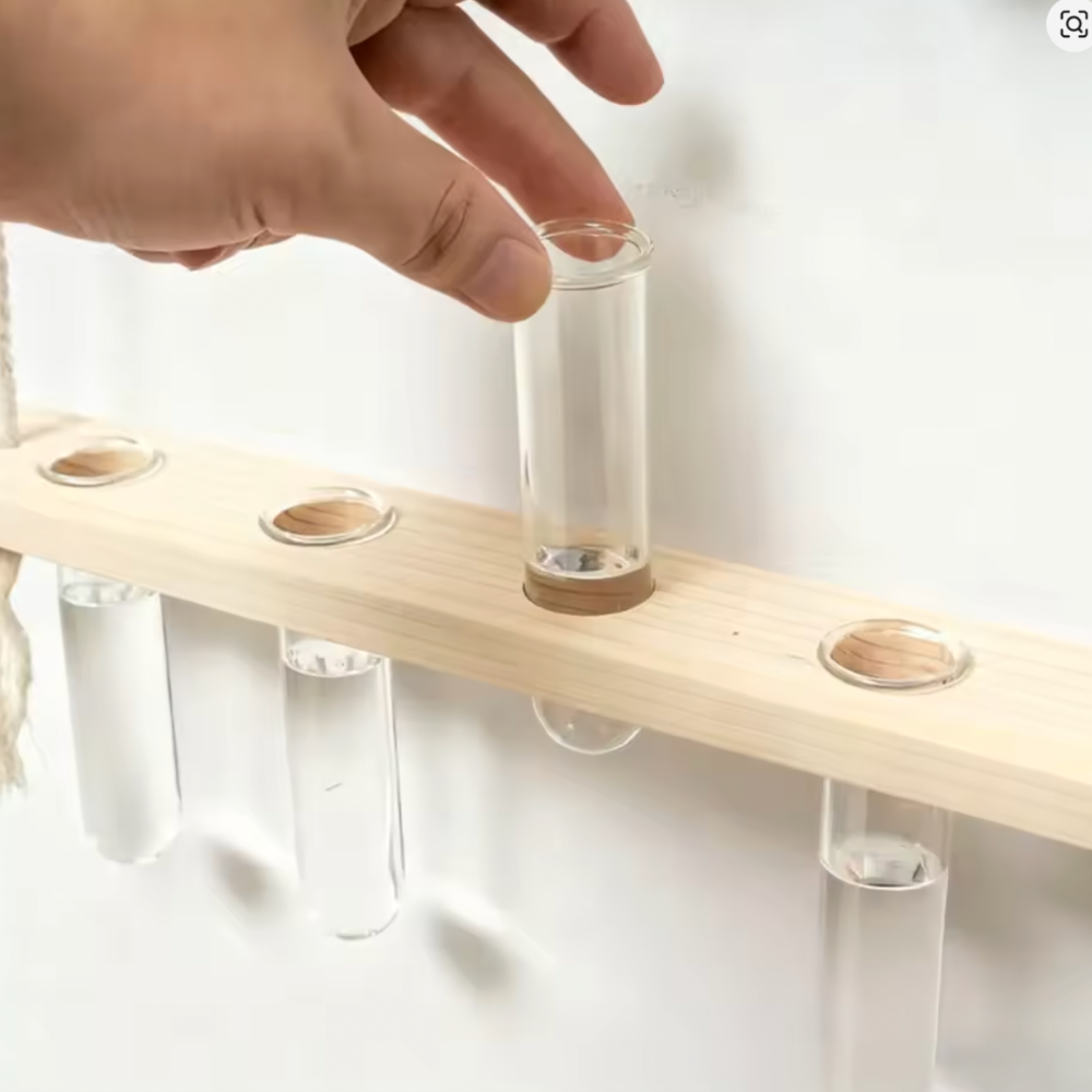 Hanging Glass Test Tube Propagation Vase – Wooden Frame (4 Tubes) - Clearance