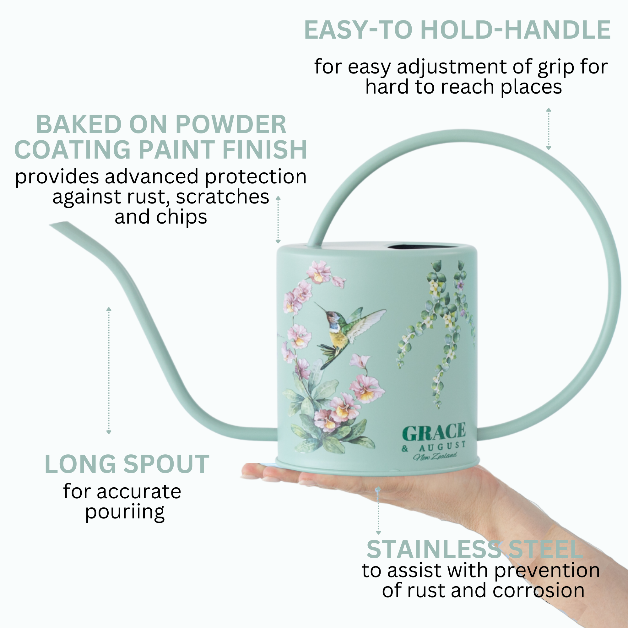 Sage Green Hummingbird Watering Can – 1.5L Stainless Steel Indoor Plant Watering Can