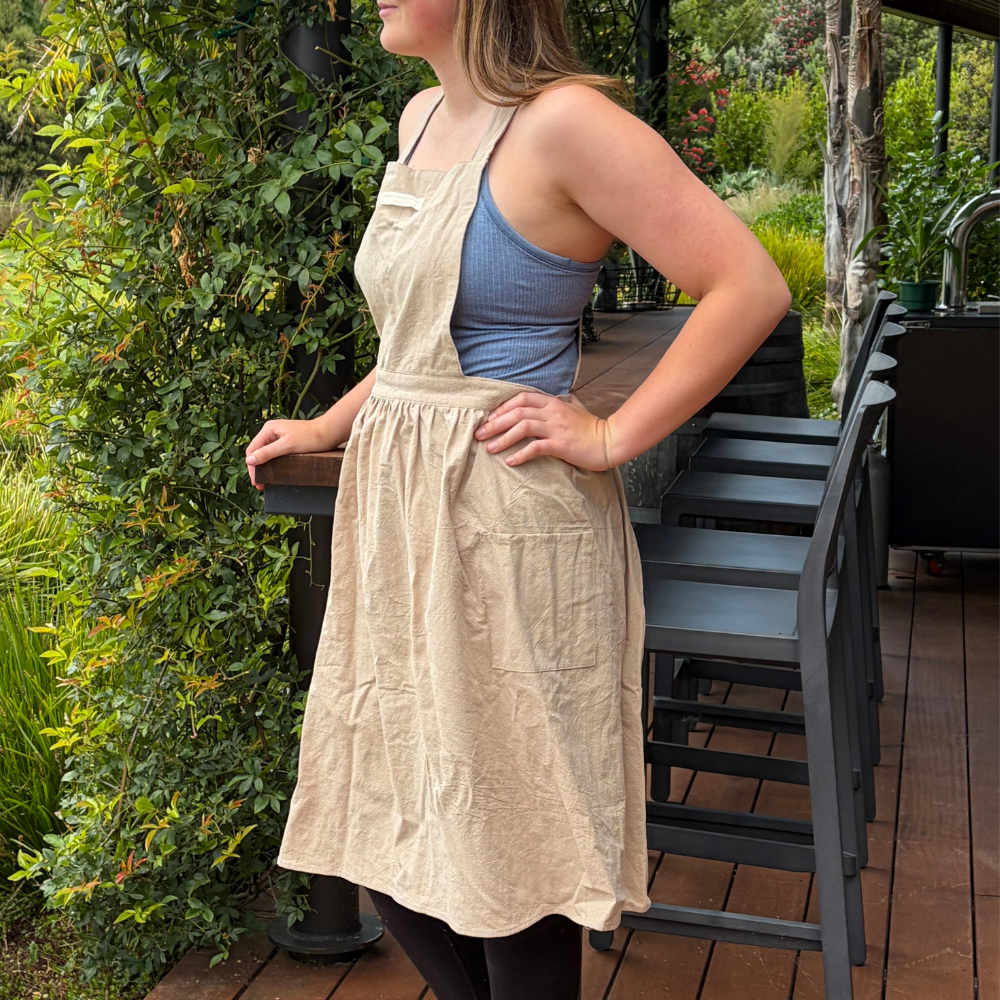 Vintage Cotton Cross-Back Bib Apron with Pockets – Oatmeal