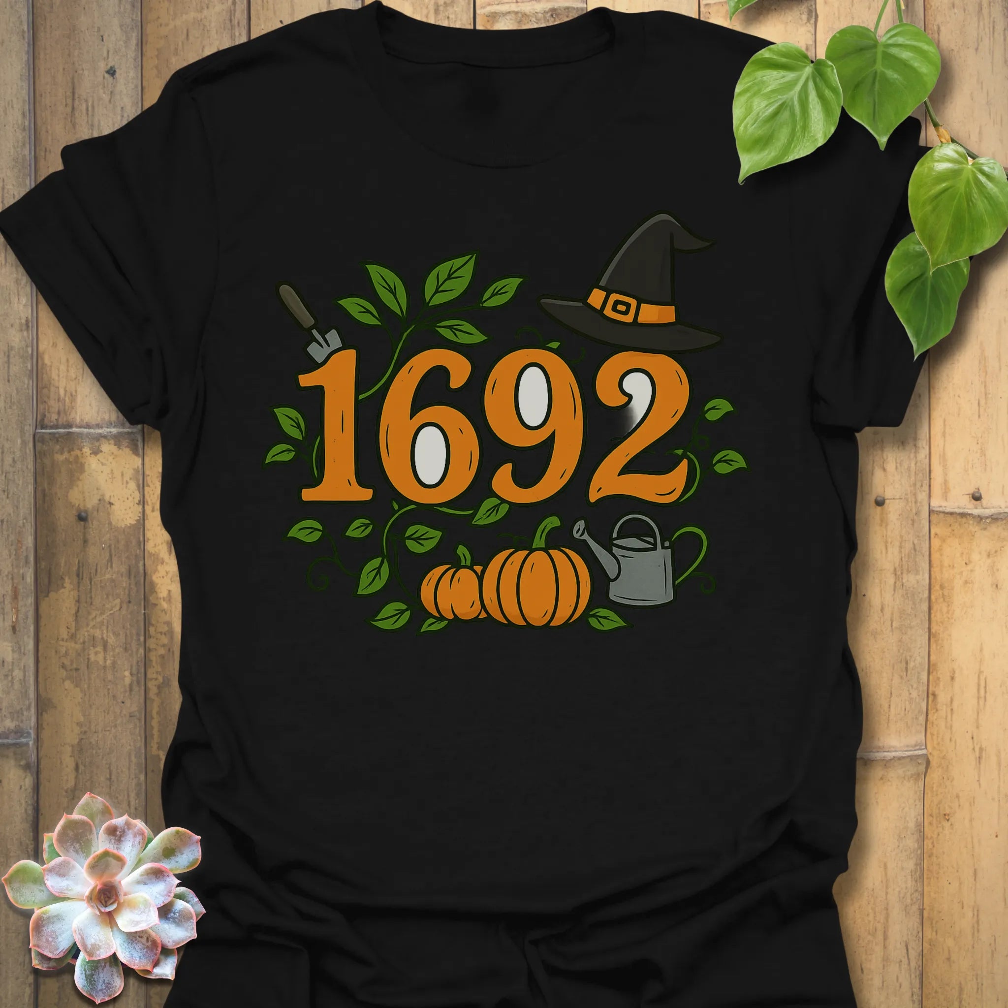 Black t-shirt featuring the design 1692 printed in minimalist witchy shirt.