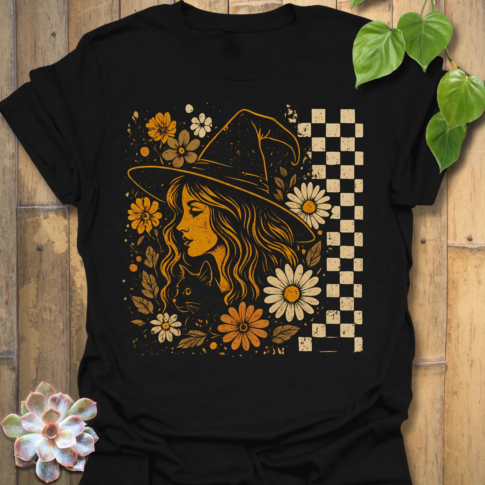 Black t-shirt featuring the design Garden Witch Vibes printed in witchy garden shirt.