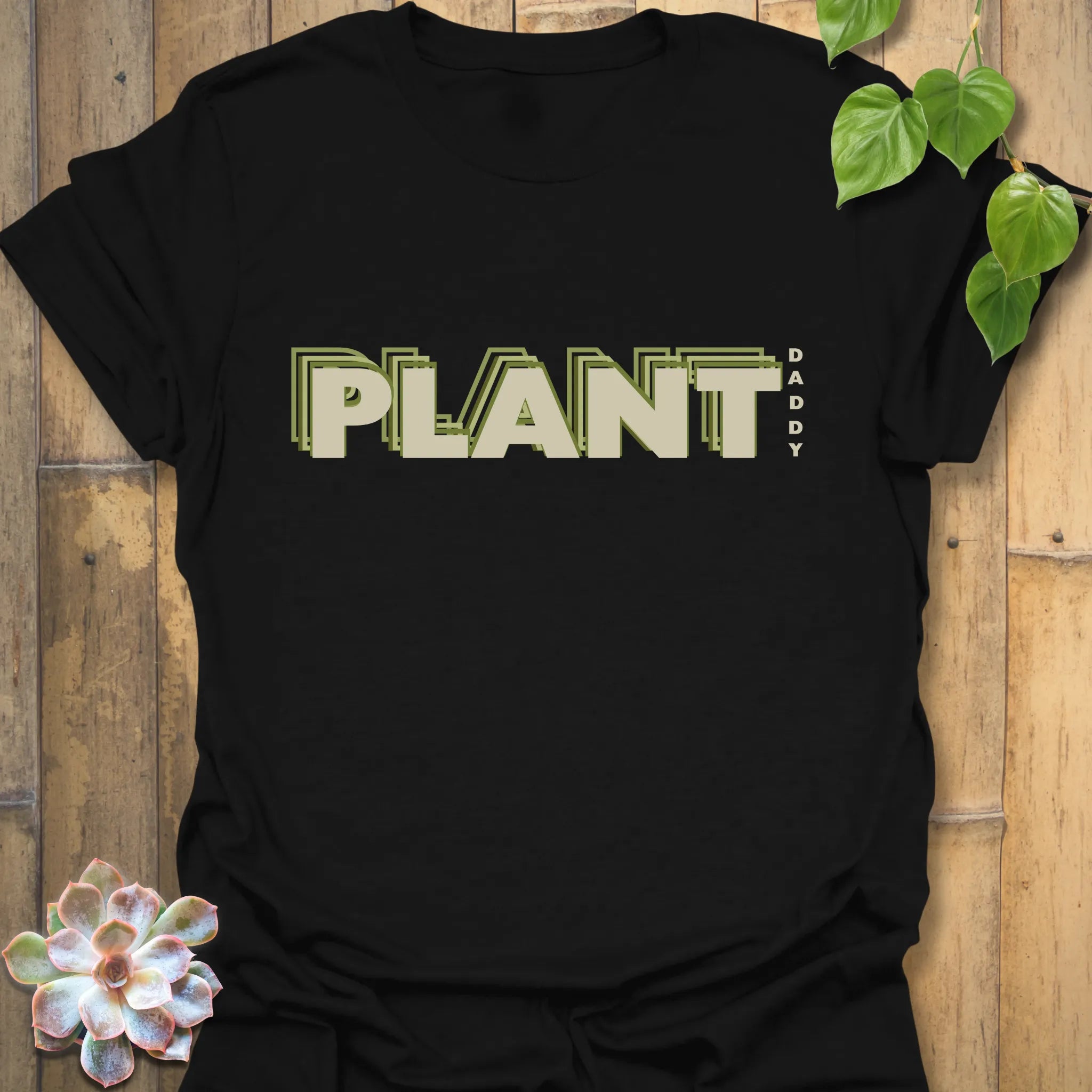 Black t-shirt featuring the design Plant Dad, funny gift for plant lovers.