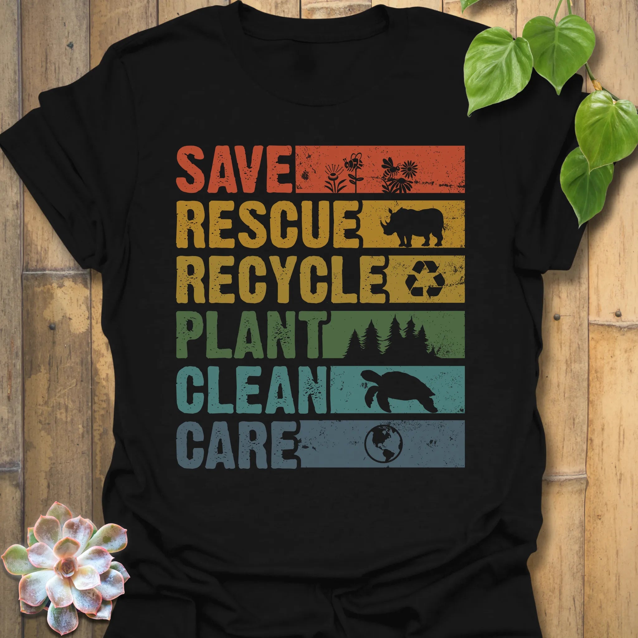 Black t-shirt featuring the design Save, Rescue printed in bold colorful letters, plants, nature, animal lover tee.