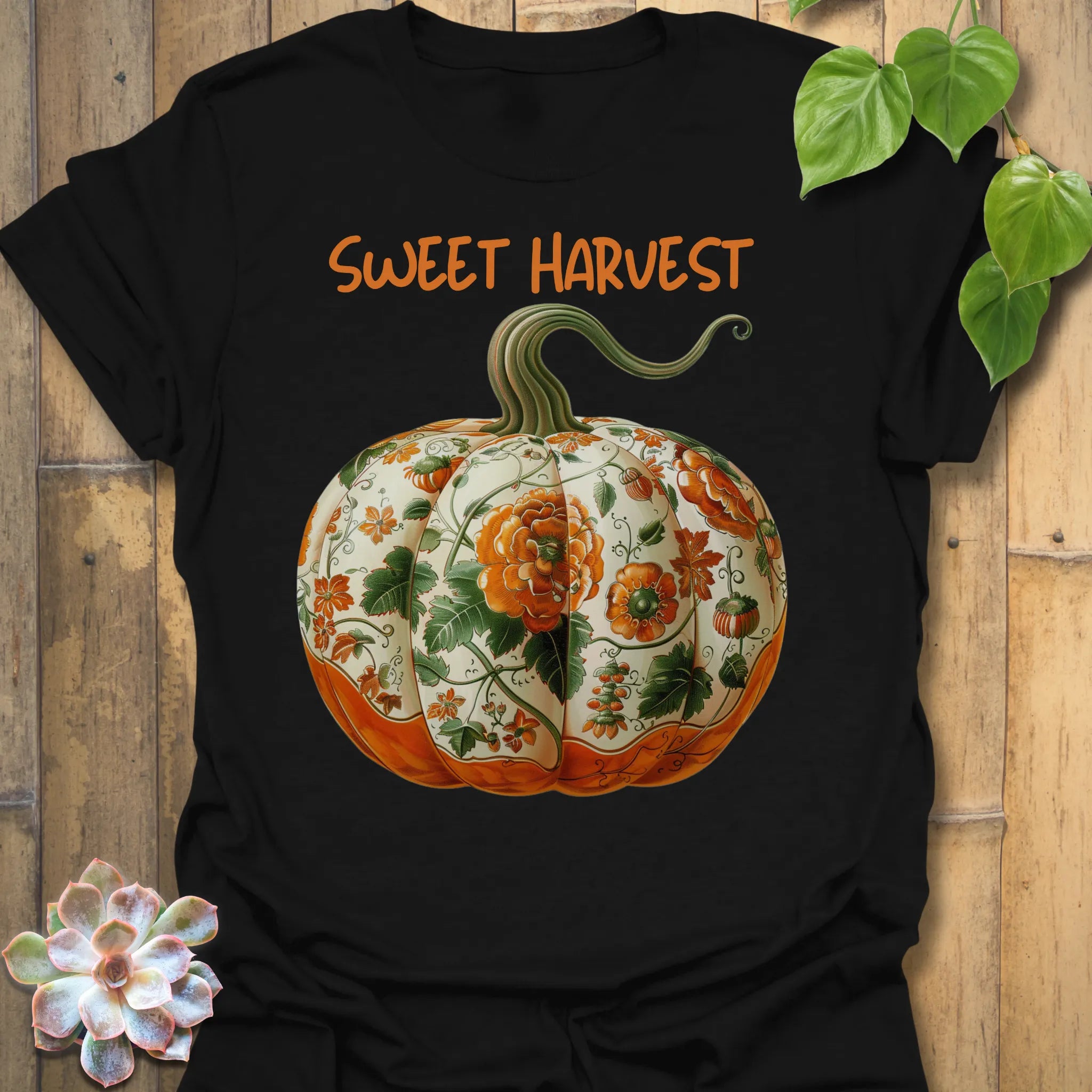 Black t-shirt featuring the design Sweet Harvest printed in rustic harvest graphic tee.