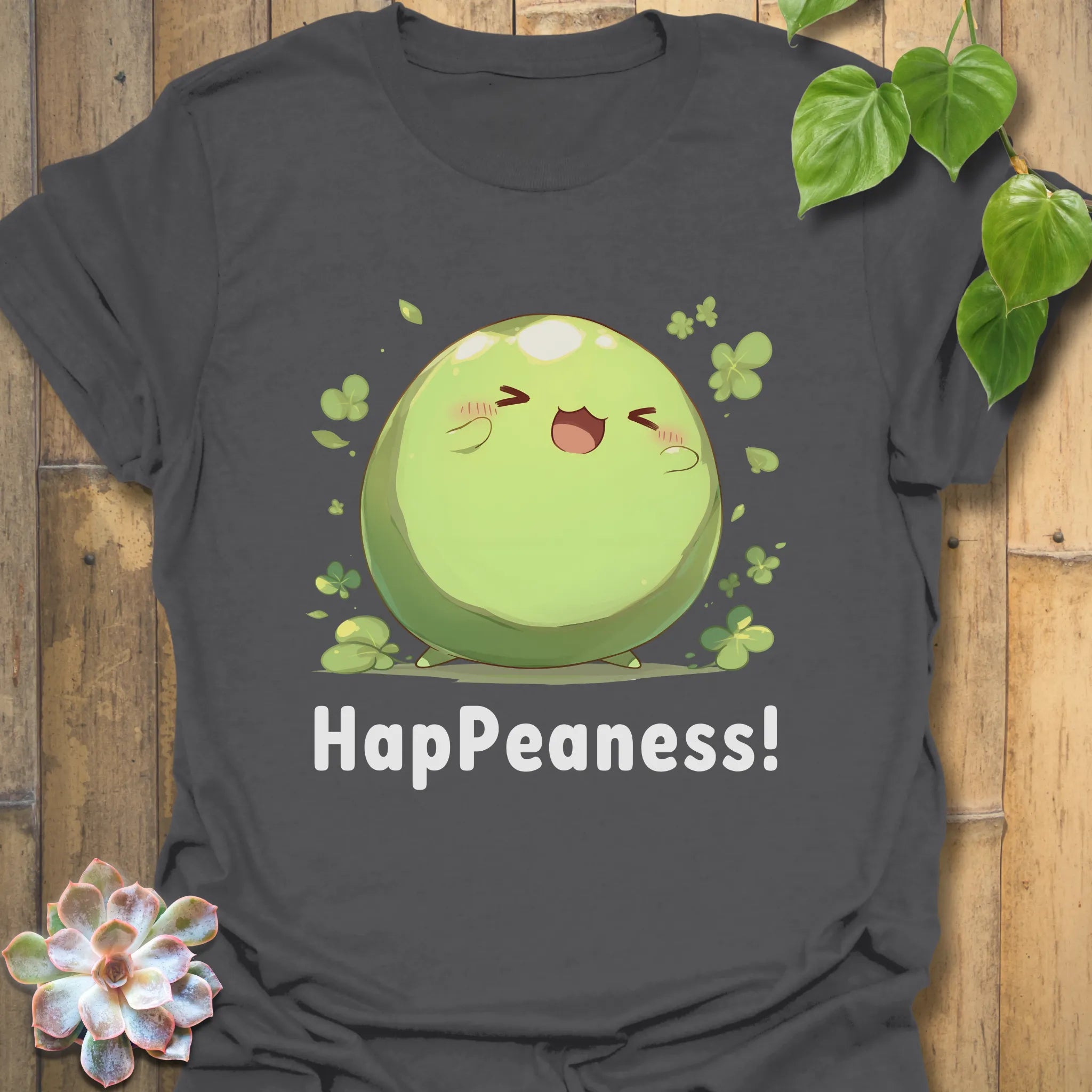 Charcoal grey t-shirt featuring a cute smiling green pea character with the word “HapPeaness!” below