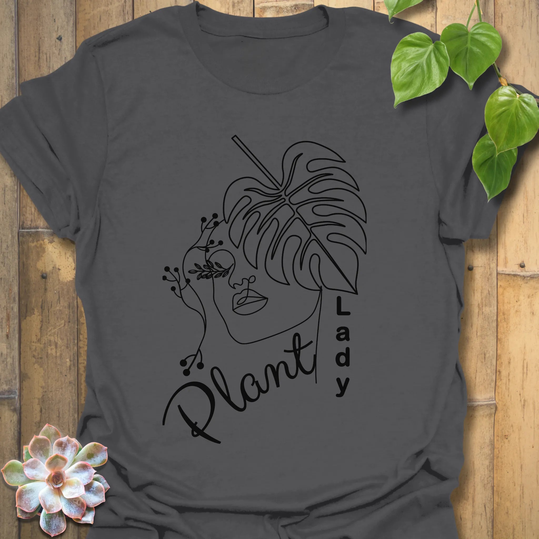 Charcoal t-shirt featuring the Plant Lady design, perfect for anyone who loves plants and gardening