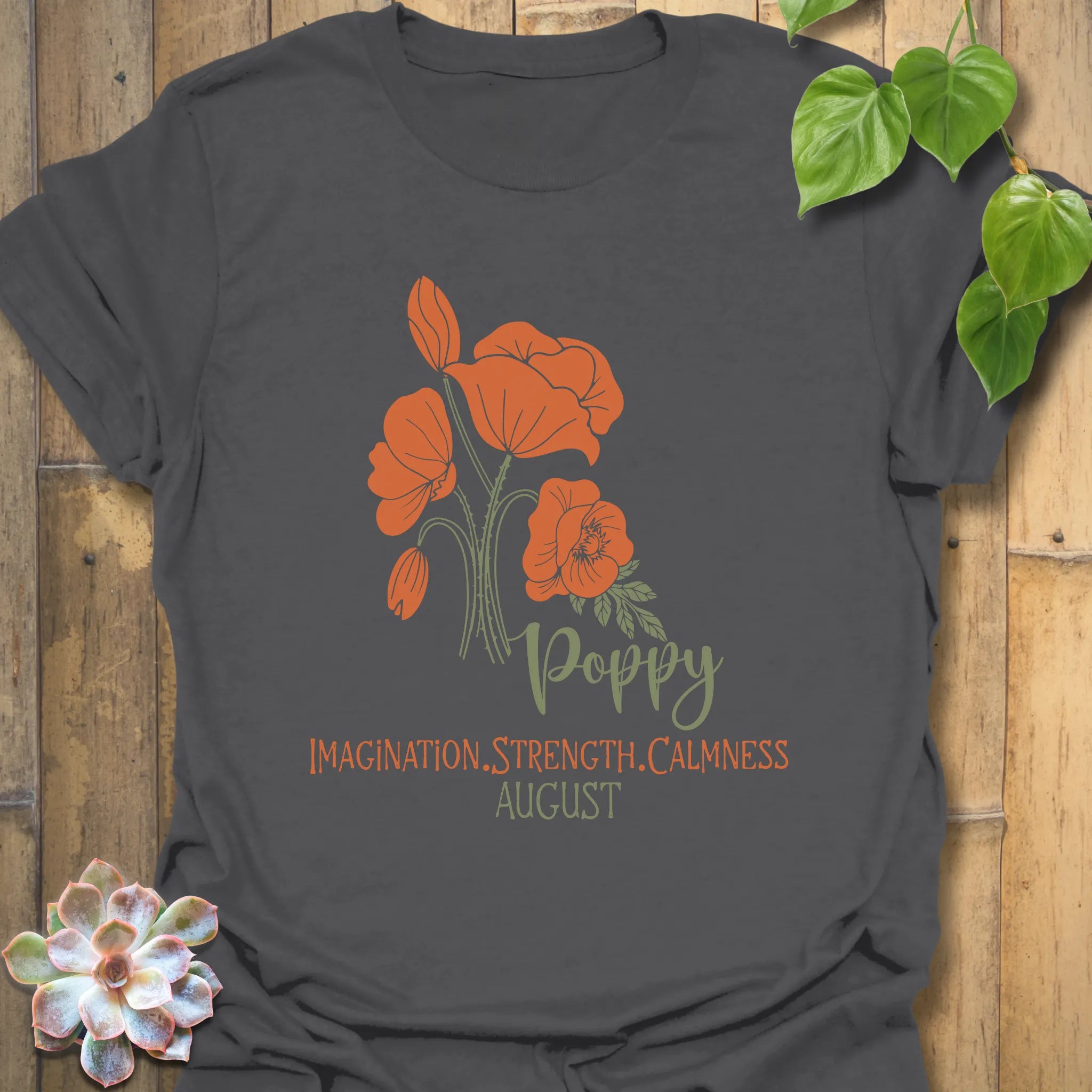 Charcoal t-shirt featuring the design August Poppy with a floral print, a modern flower graphic tee perfect for streetwear fashion.