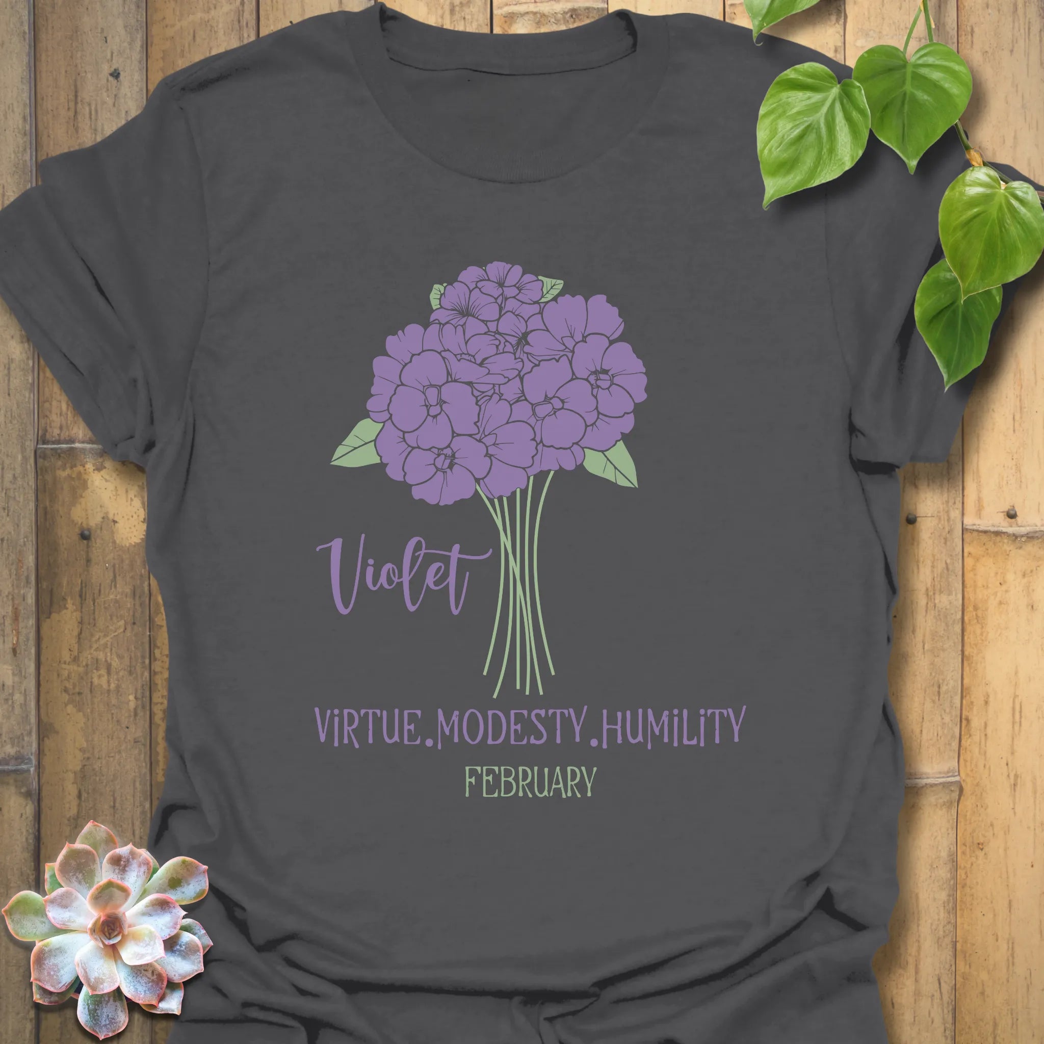 Charcoal t-shirt featuring the design February Violet with a rose flower print, a modern botanical graphic tee for casual outfits.