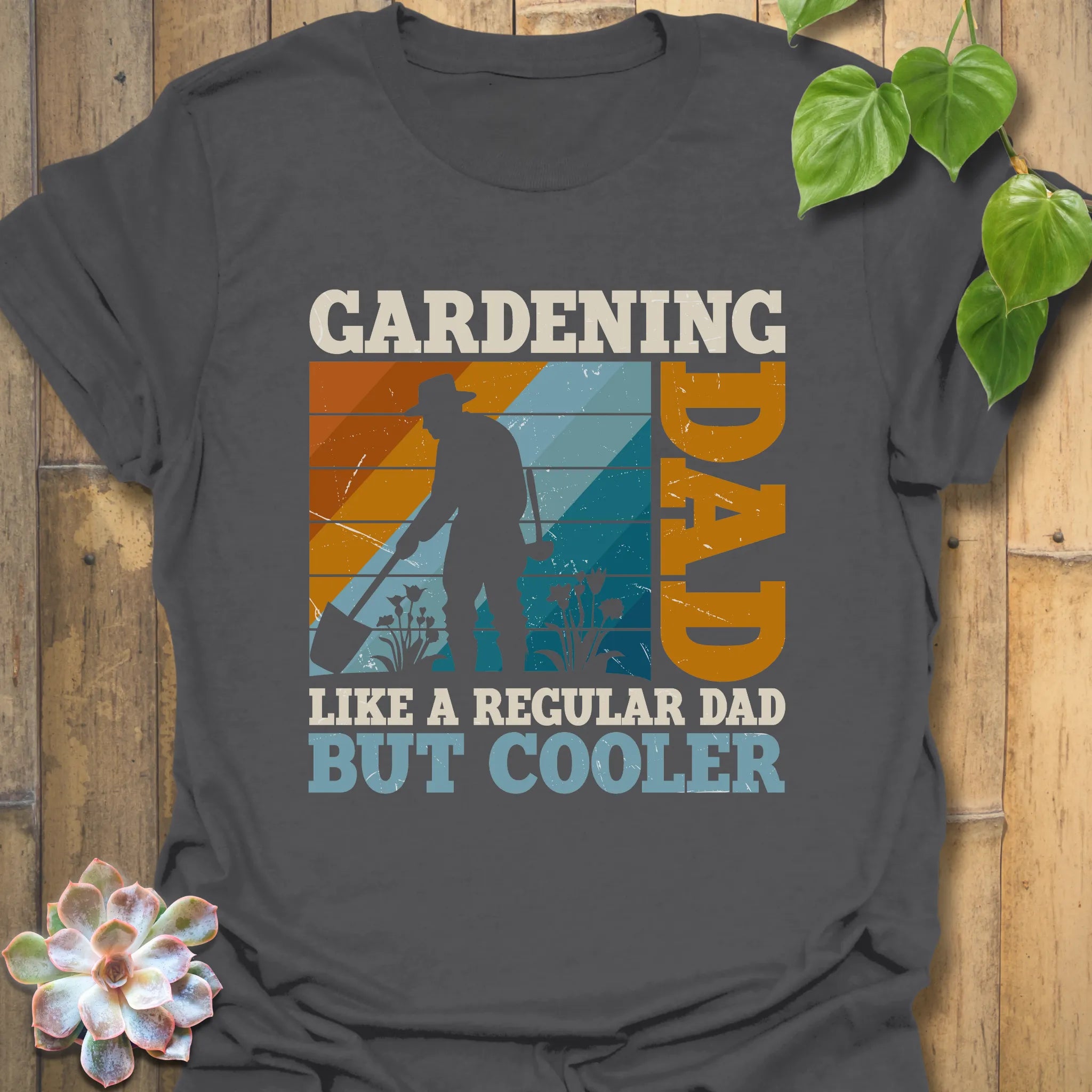 Charcoal t-shirt featuring the design Gardening Dad, Like a Regular Dad But Cooler, a stylish garden-inspired Father’s Day t-shirt.