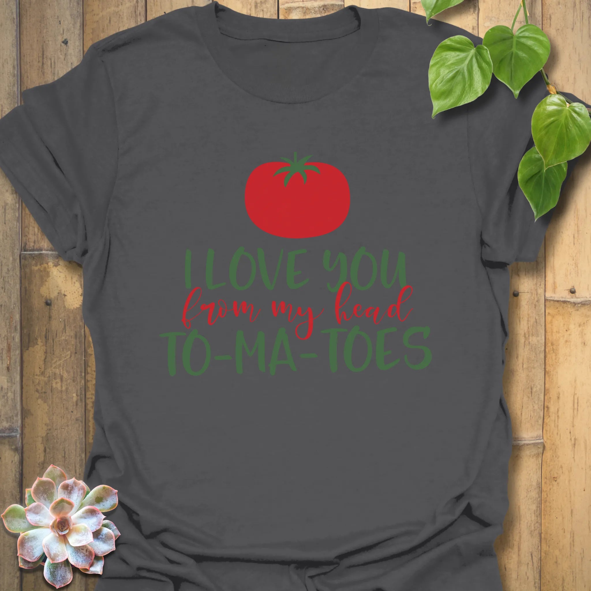 Charcoal t-shirt featuring the design I Love You From My Head TO-MA-TOES with tomato illustration, stylish humour graphic shirt.