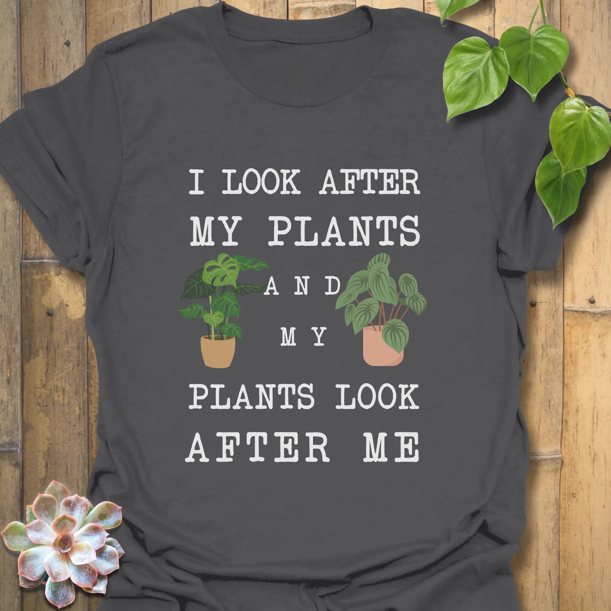Charcoal t-shirt featuring the design “I look after My Plants and my plants look after me” plant enthusiast t-shirt.