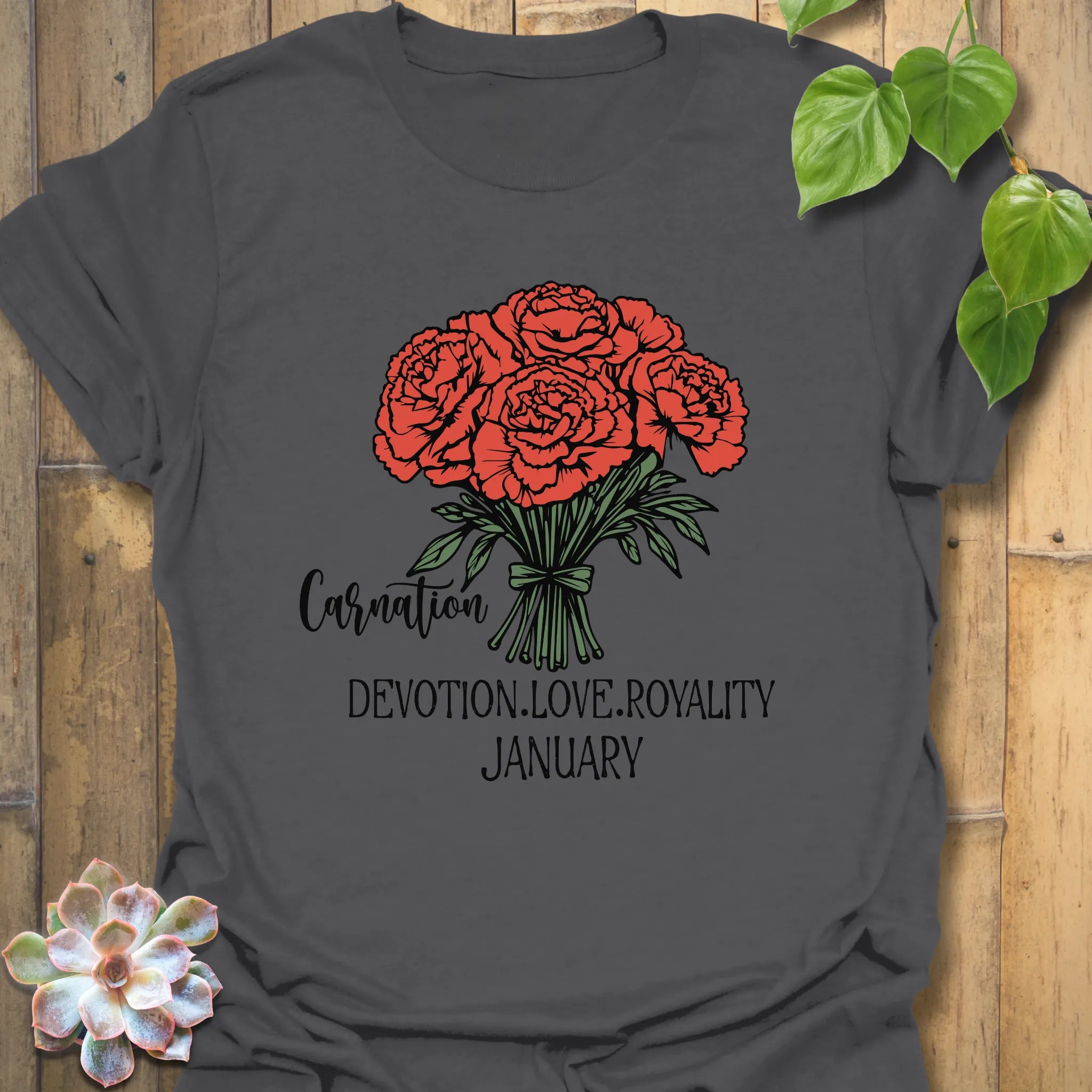 Charcoal t-shirt featuring the design January Carnation with a print of rose flower, a stylish rose flower graphic tee for botanical and nature fans.