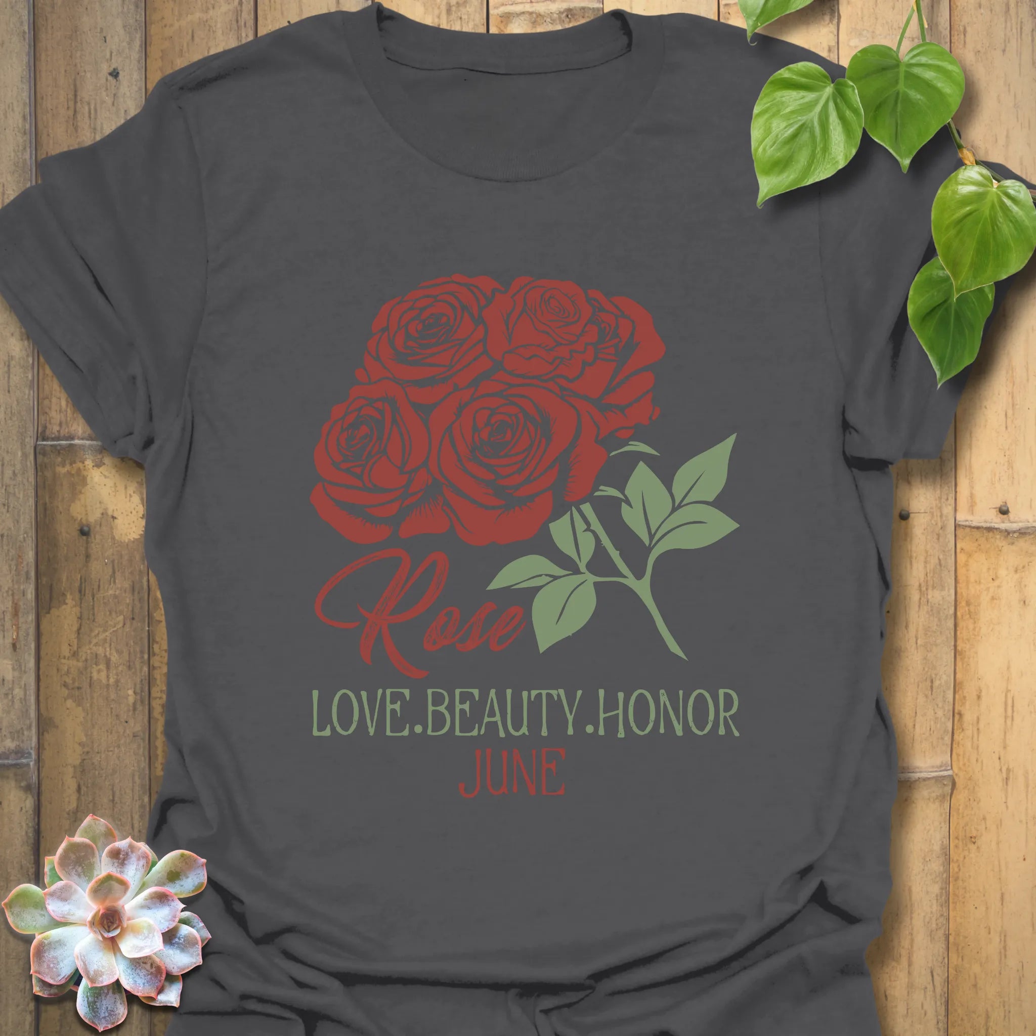 Charcoal t-shirt featuring the design June Rose with a rose flower print, a trendy floral graphic tee for effortless fashion.
