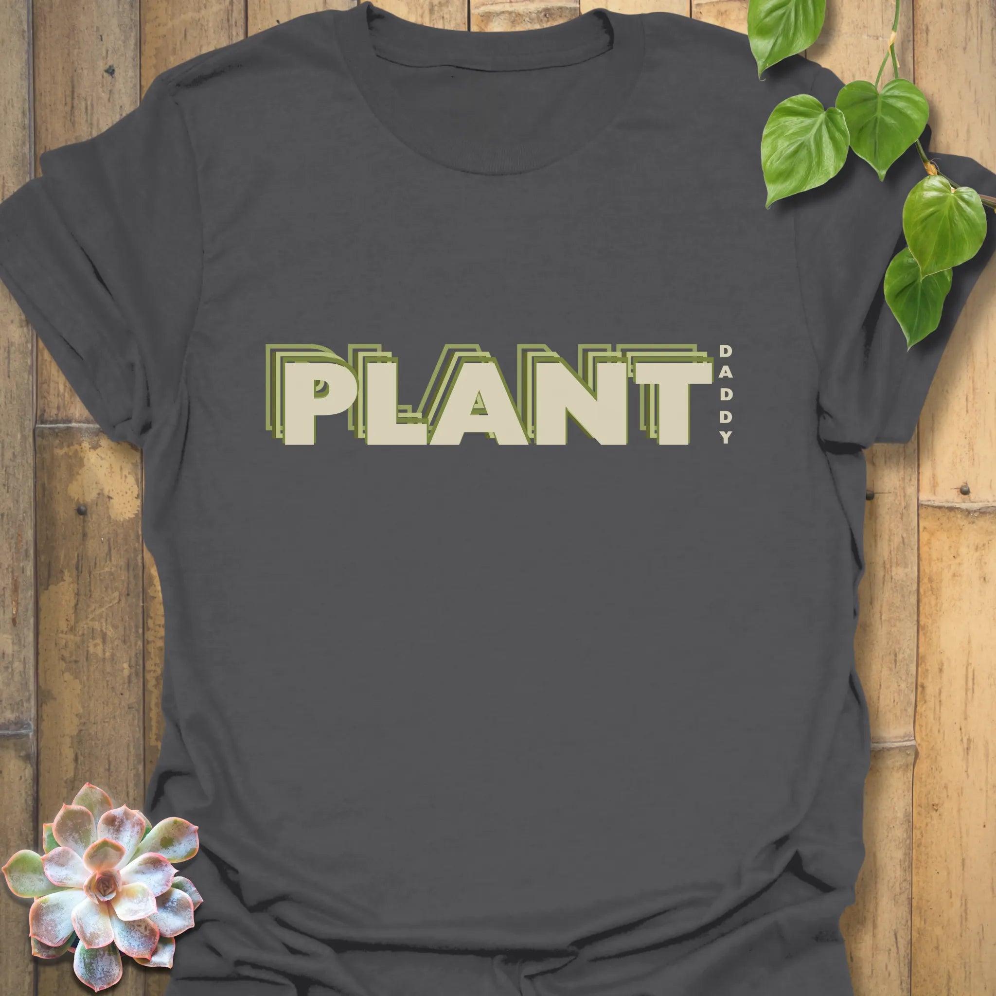 Charcoal t-shirt featuring the design Plant Dad, stylish gift for plant dads.