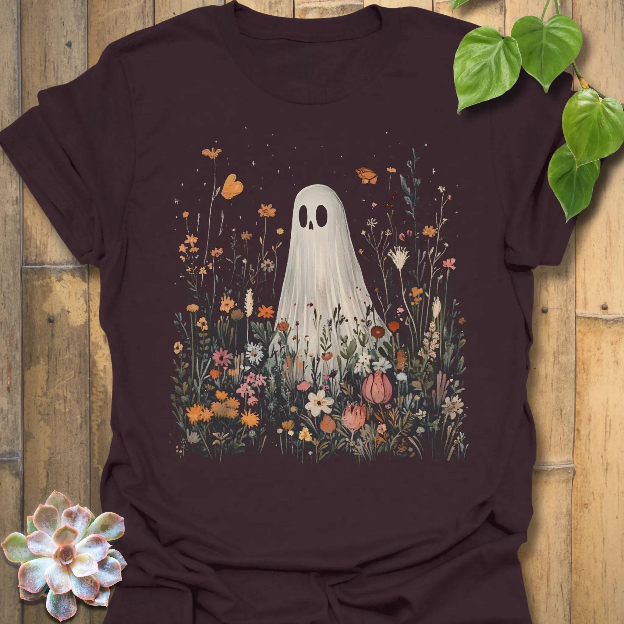 Dark Chocolate t-shirt featuring the design Among The Wildflowers printed in halloween floral graphic tee.