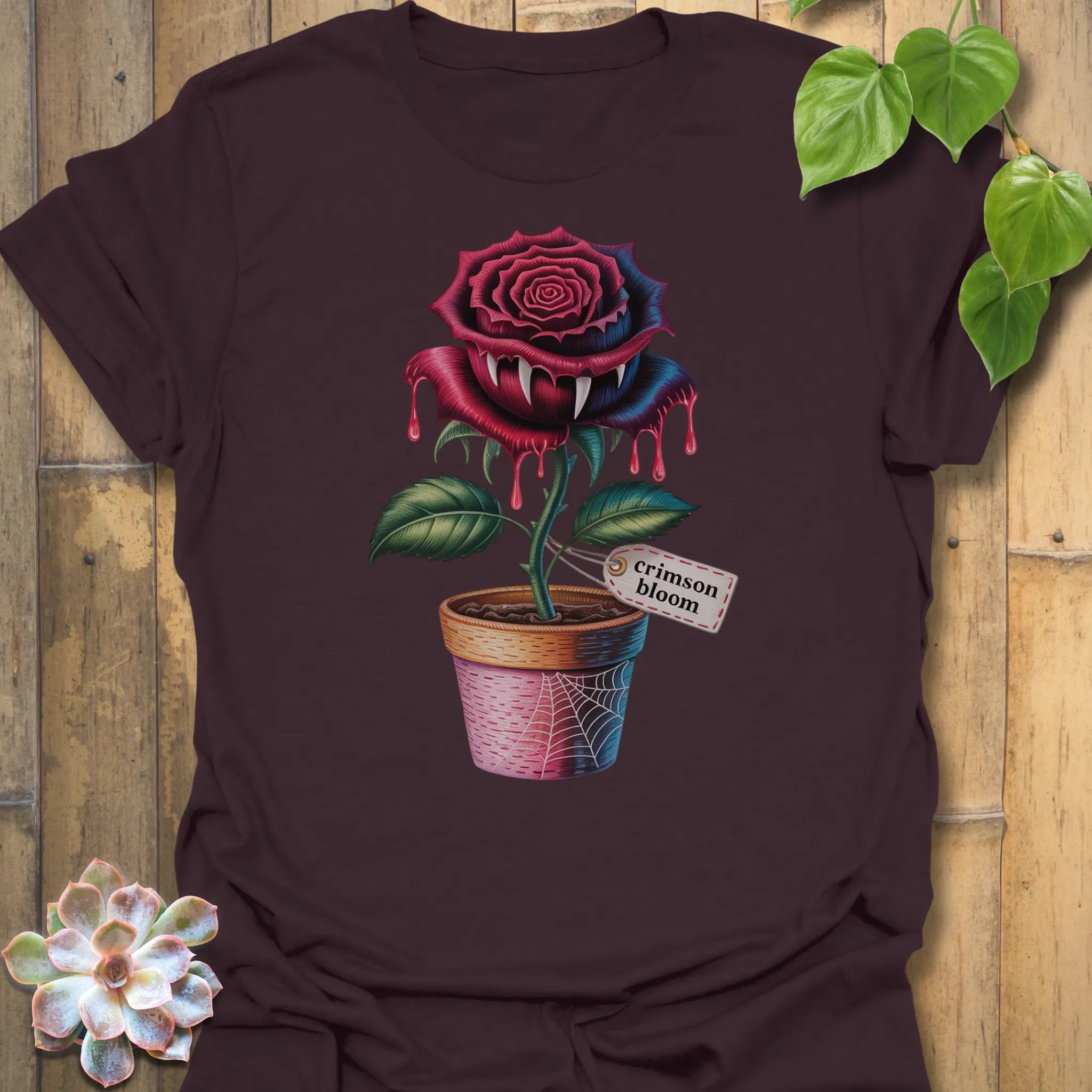Dark Chocolate t-shirt featuring the design Crimson Bloom printed in halloween floral graphic tee.