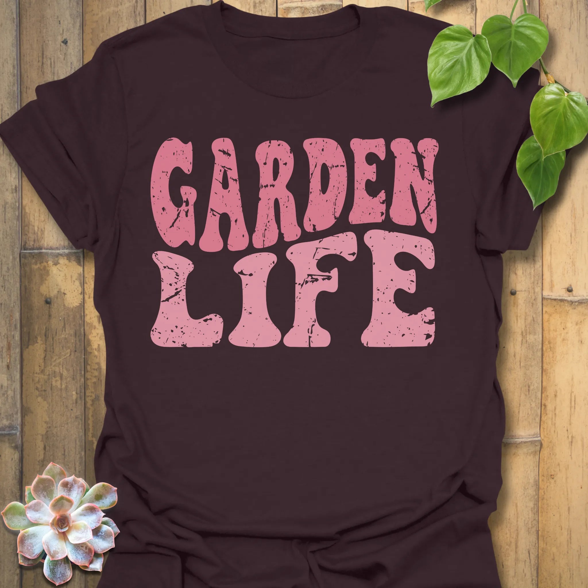 Dark Chocolate t-shirt featuring the design Garden Life printed in bold letters, garden lover shirt.