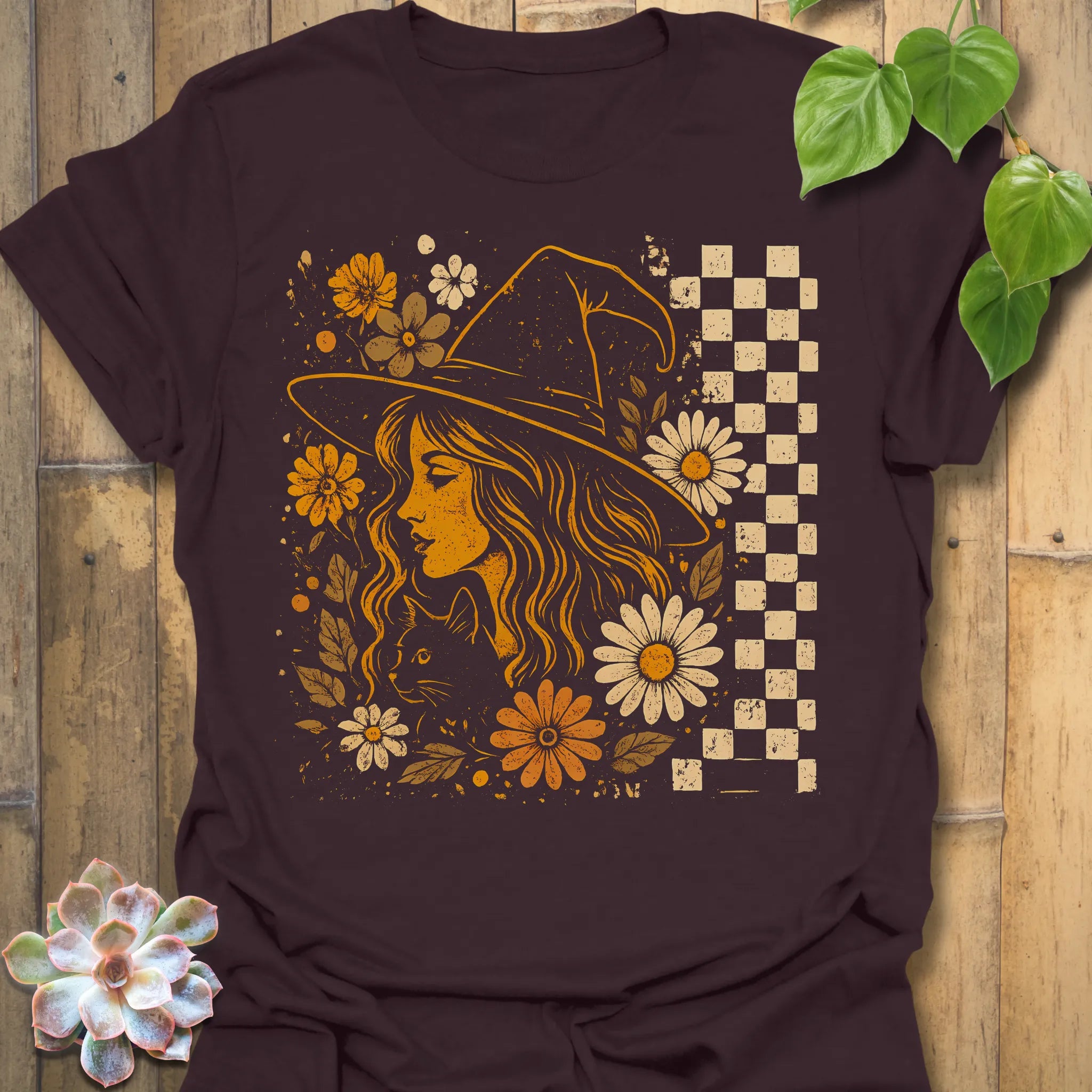 Dark Chocolate t-shirt featuring the design Garden Witch Vibes printed in witchy garden shirt.
