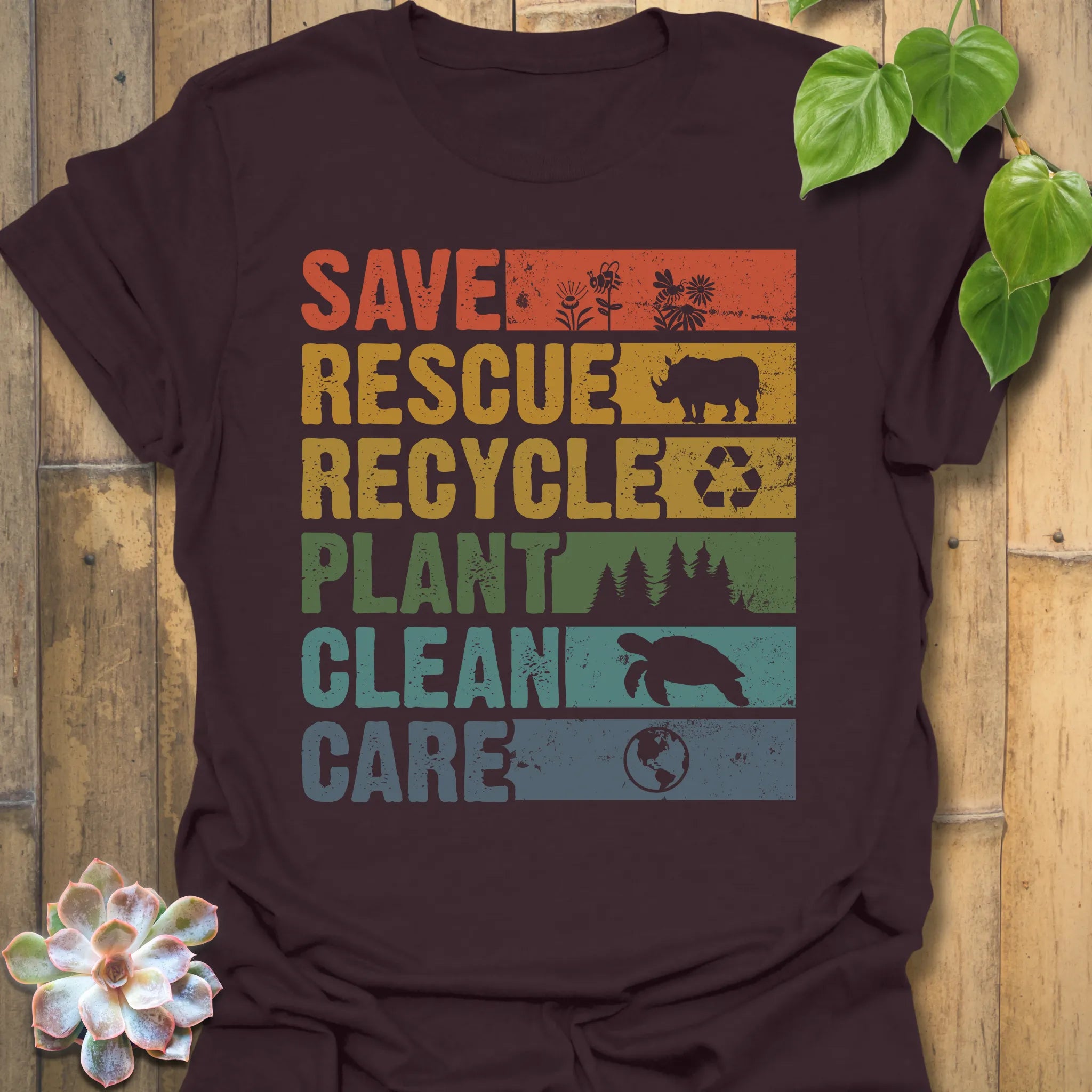 Dark Chocolate t-shirt featuring the design Save, Rescue printed in bold colorful letters, plants, nature, animal lover tee.