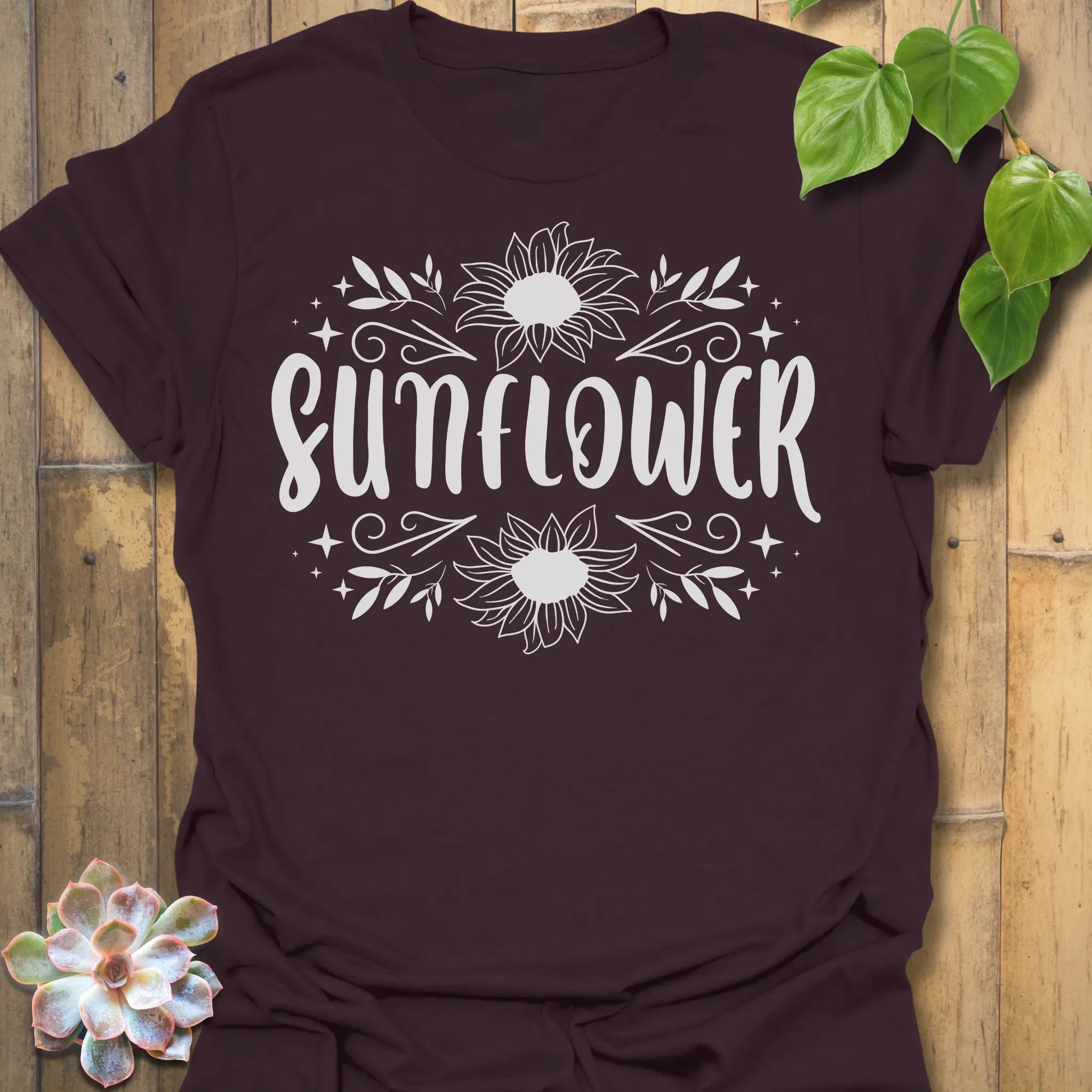 Dark Chocolate t-shirt featuring the design Sunflower printed inbold white, sunflower floral graphic tee.