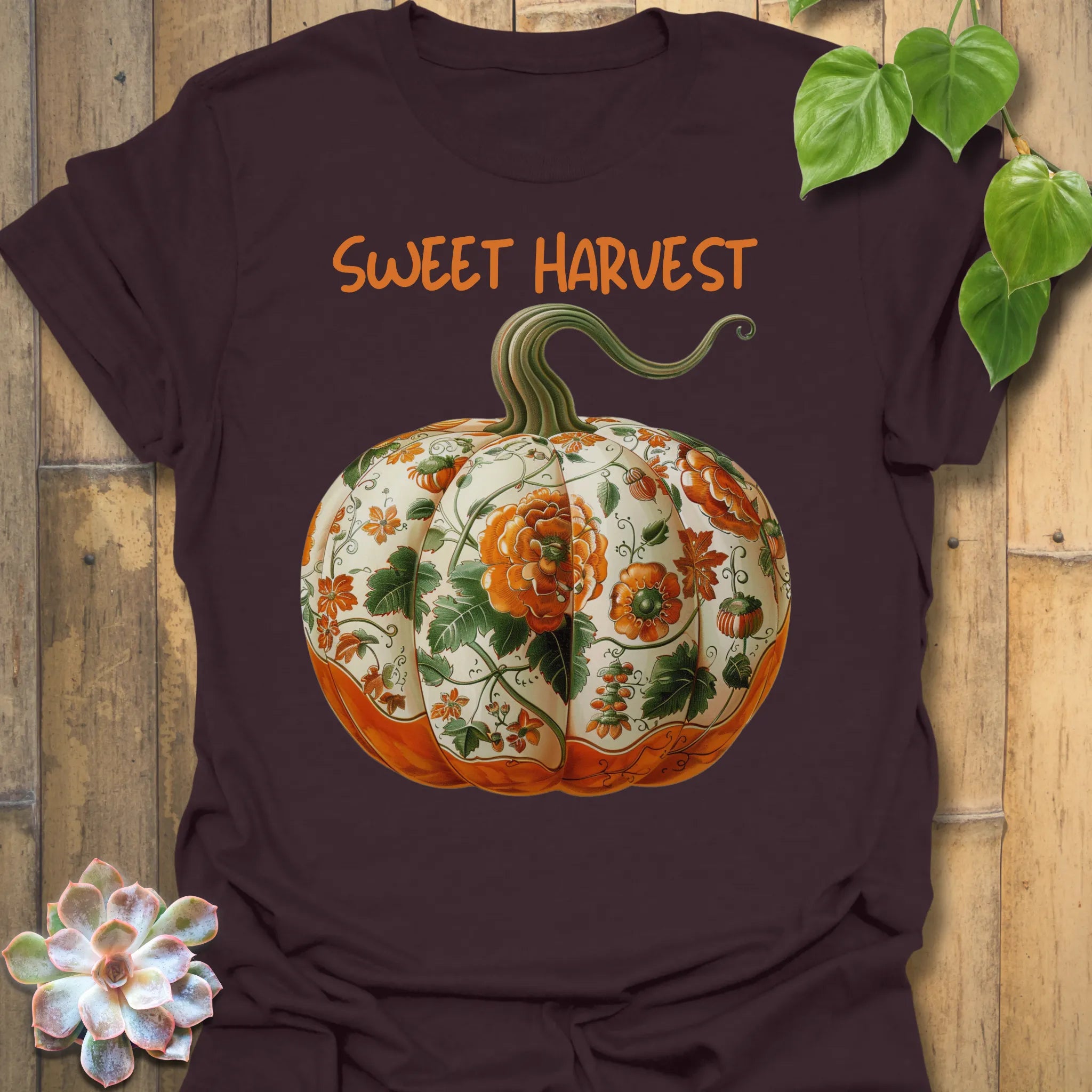 Dark Chocolate t-shirt featuring the design Sweet Harvest printed in rustic harvest graphic tee.