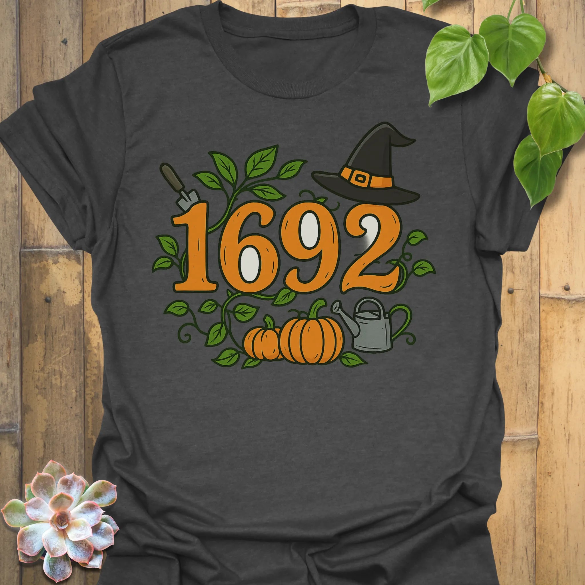 Dark Heather t-shirt featuring the design 1692 printed in minimalist witchy shirt.