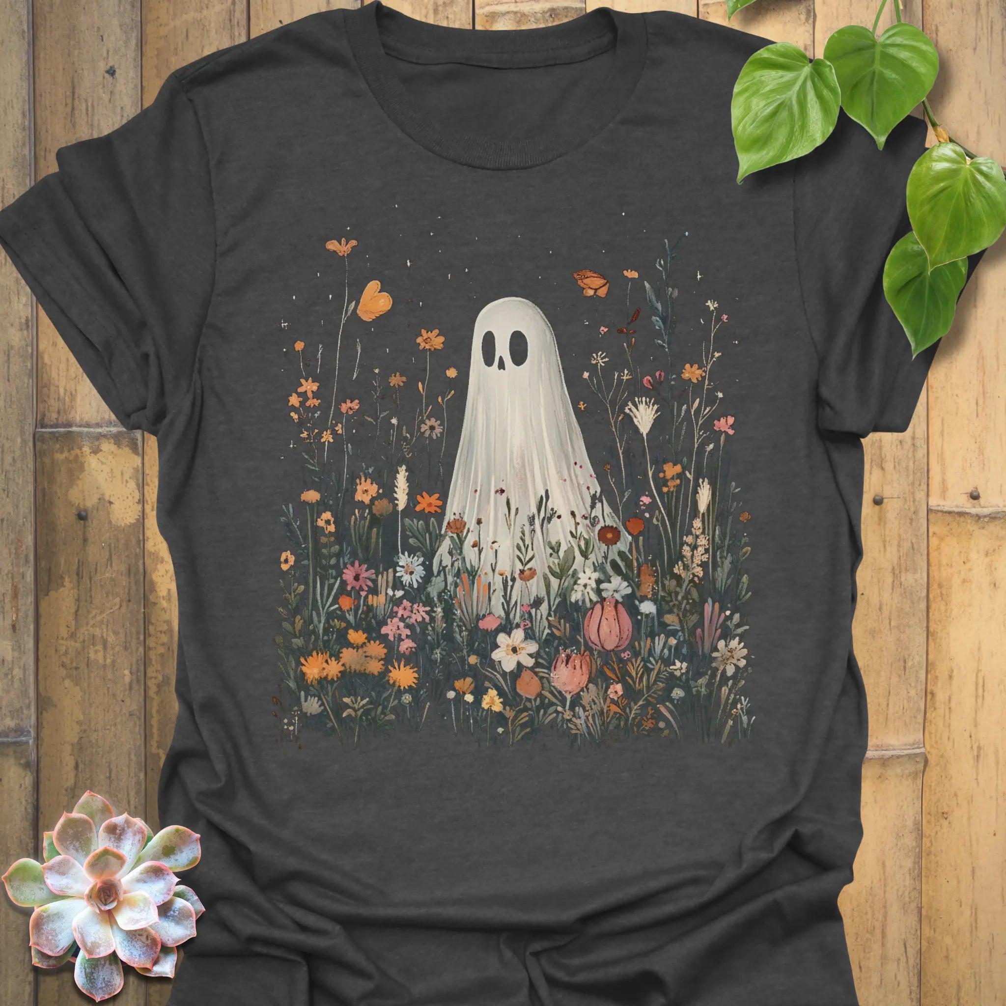 Dark Heather t-shirt featuring the design Among The Wildflowers printed in halloween floral graphic tee.