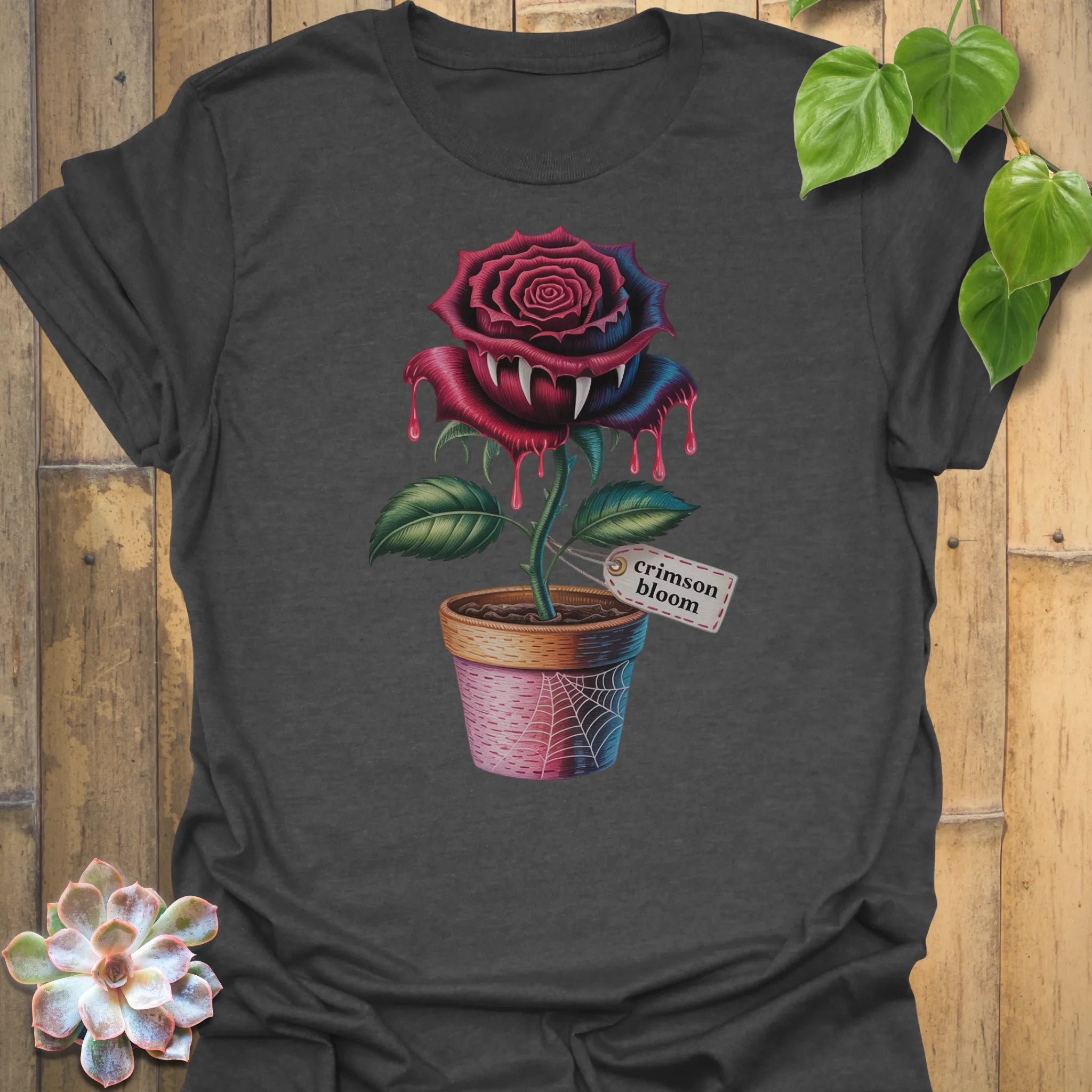 Dark Heather t-shirt featuring the design Crimson Bloom printed in halloween floral graphic tee.