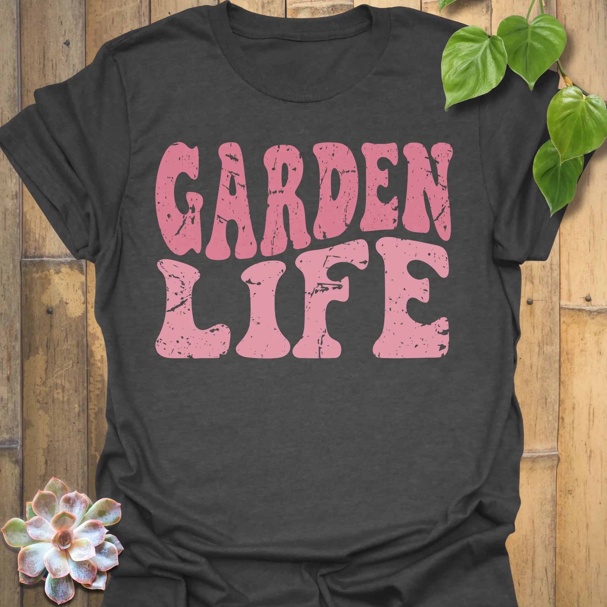 Dark Heather t-shirt featuring the design Garden Life printed in bold letters, garden lover shirt.