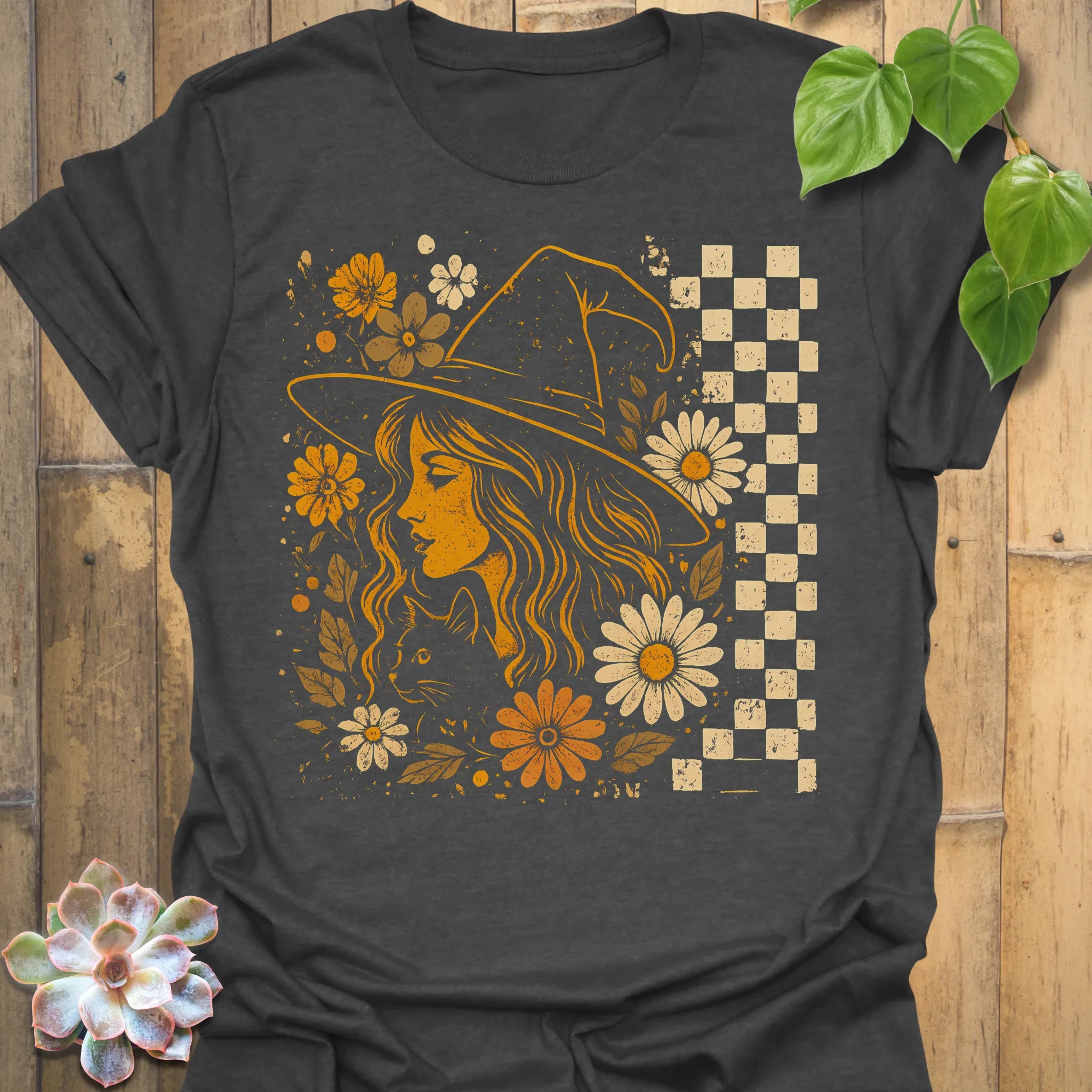 Dark Heather t-shirt featuring the design Garden Witch Vibes printed in witchy garden shirt.