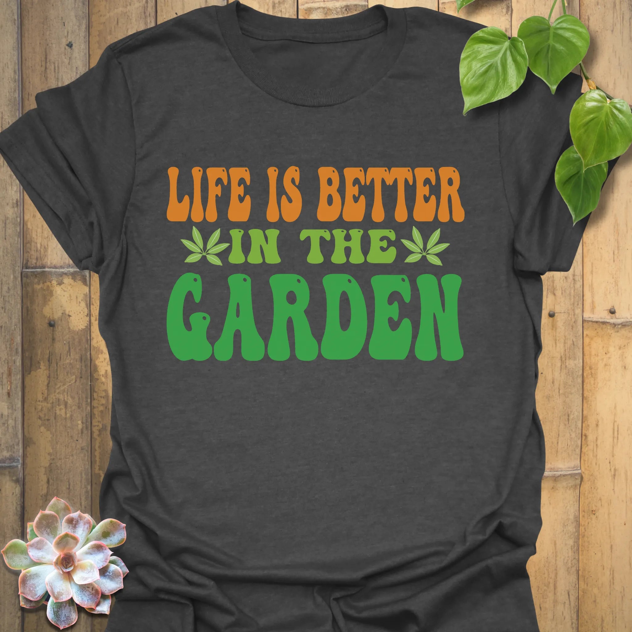 Dark Heather t-shirt featuring the design Life Is Better printed in bold letters, positive vibes t-shirt.