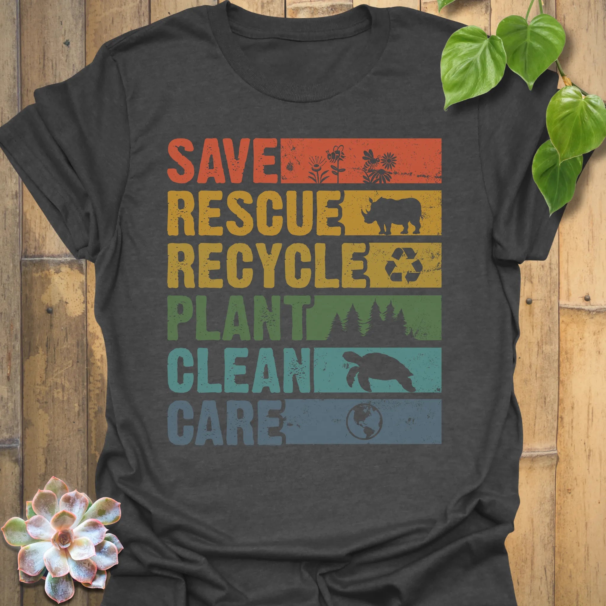 Dark Heather t-shirt featuring the design Save, Rescue printed in bold colorful letters, plants, nature, animal lover tee.