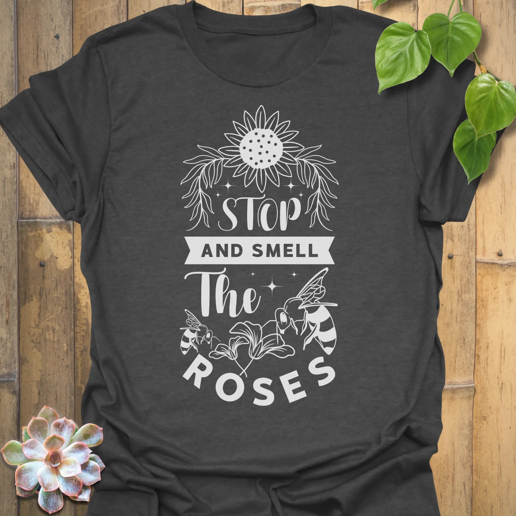 Dark Heather t-shirt featuring the design The Roses printed in artistic flower, floral graphic tee.