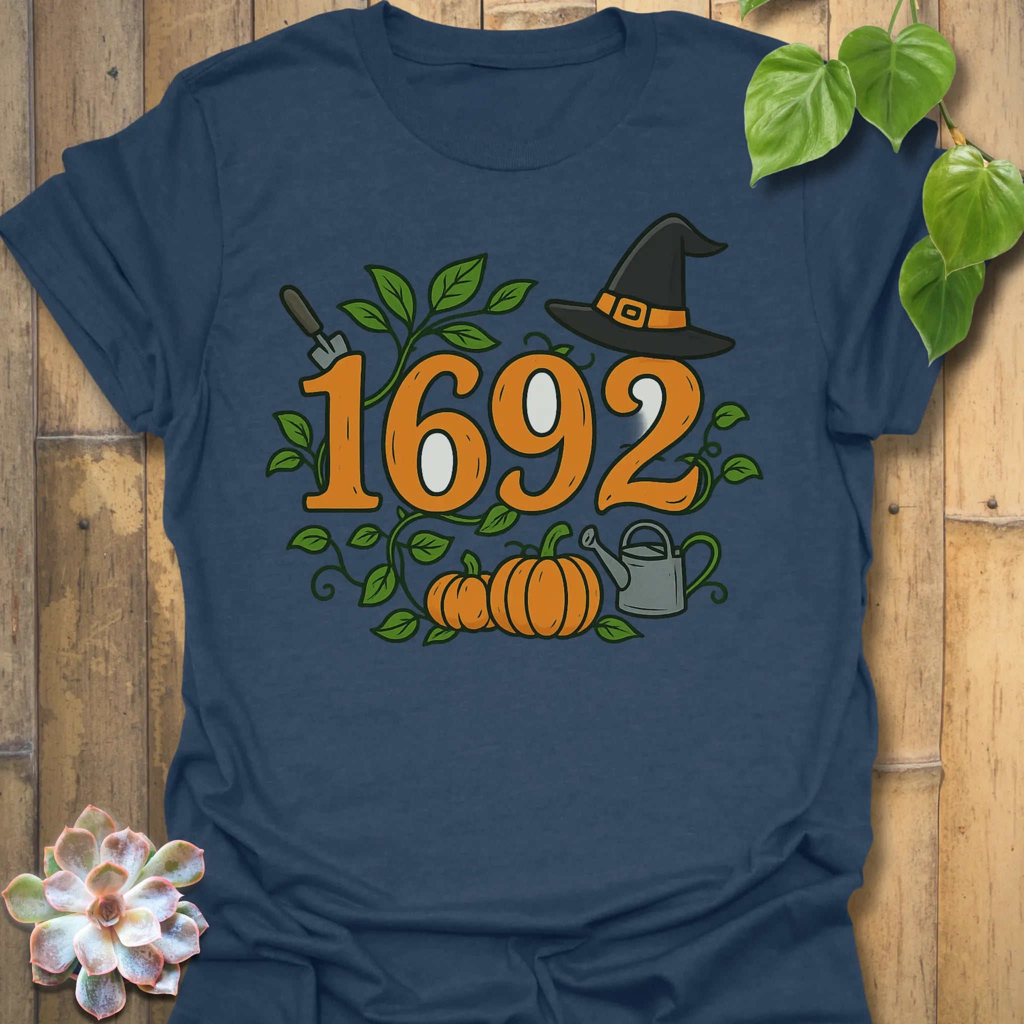 Heather Navy t-shirt featuring the design 1692 printed in minimalist witchy shirt.