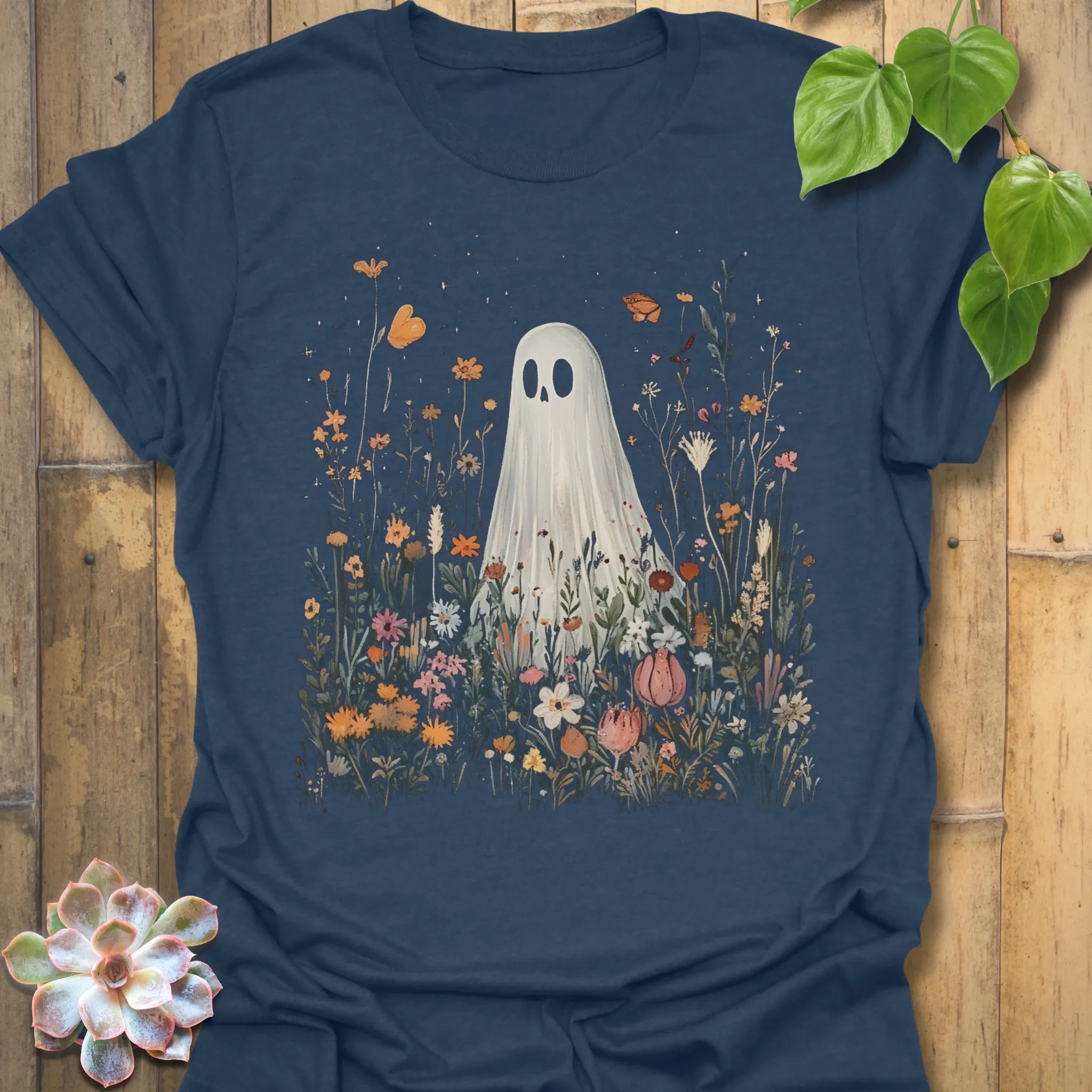 Heather Navy t-shirt featuring the design Among The Wildflowers printed in halloween floral graphic tee