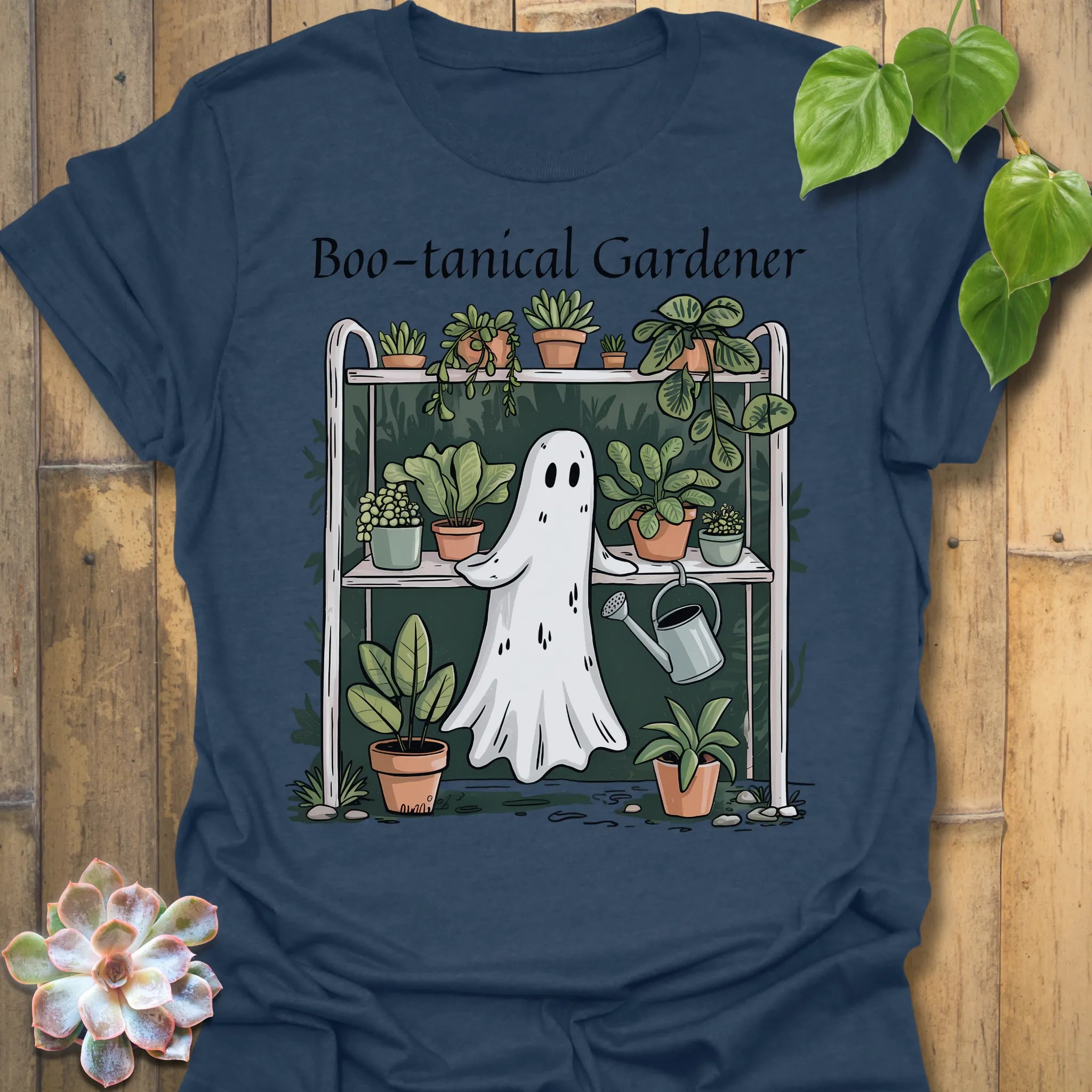 Heather Navy t-shirt featuring the design Boo – Tanical Gardener printed in bold Halloween gardening shirt.