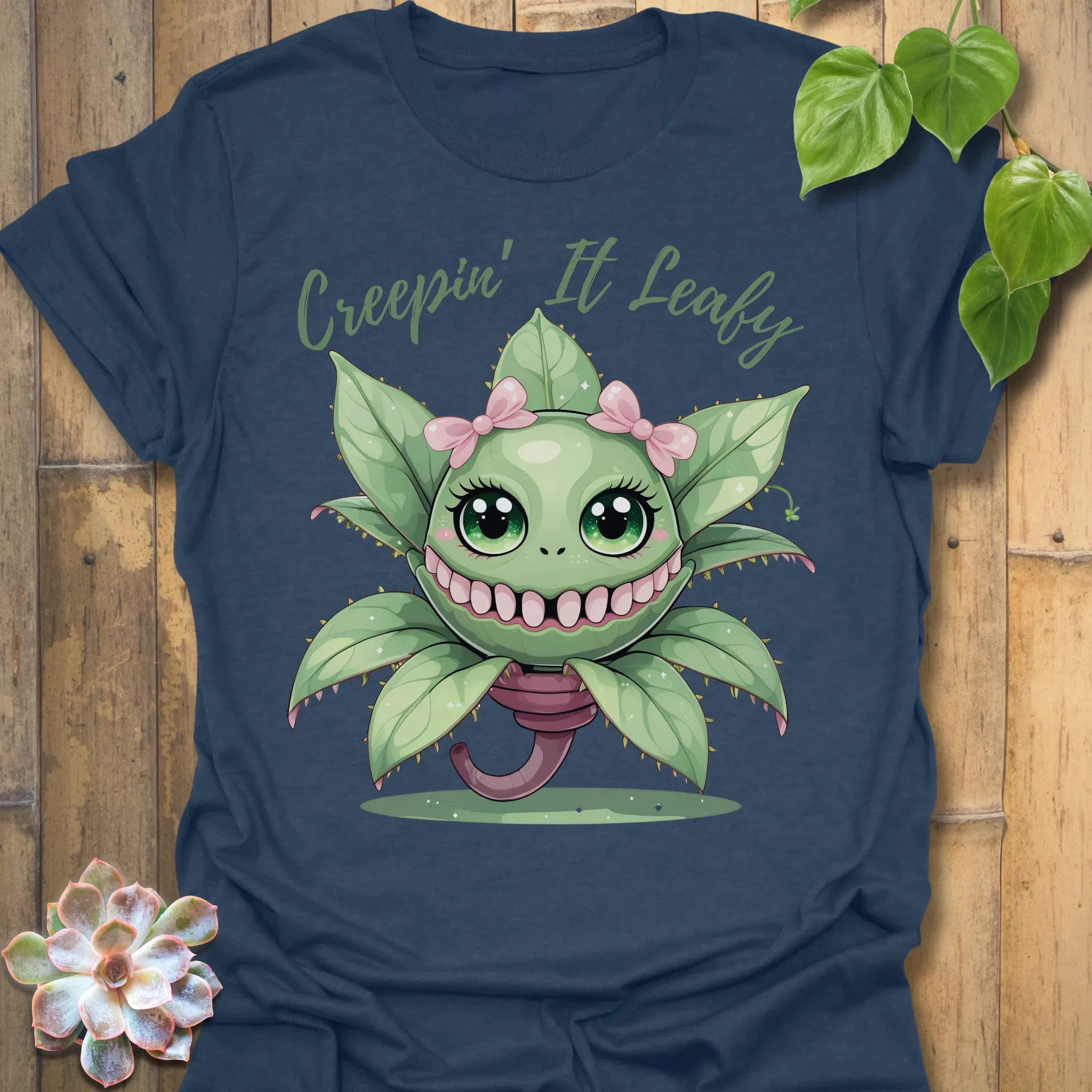 Heather Navy t-shirt featuring the design Creepin’ It Leafy printed in funny garden shirt.