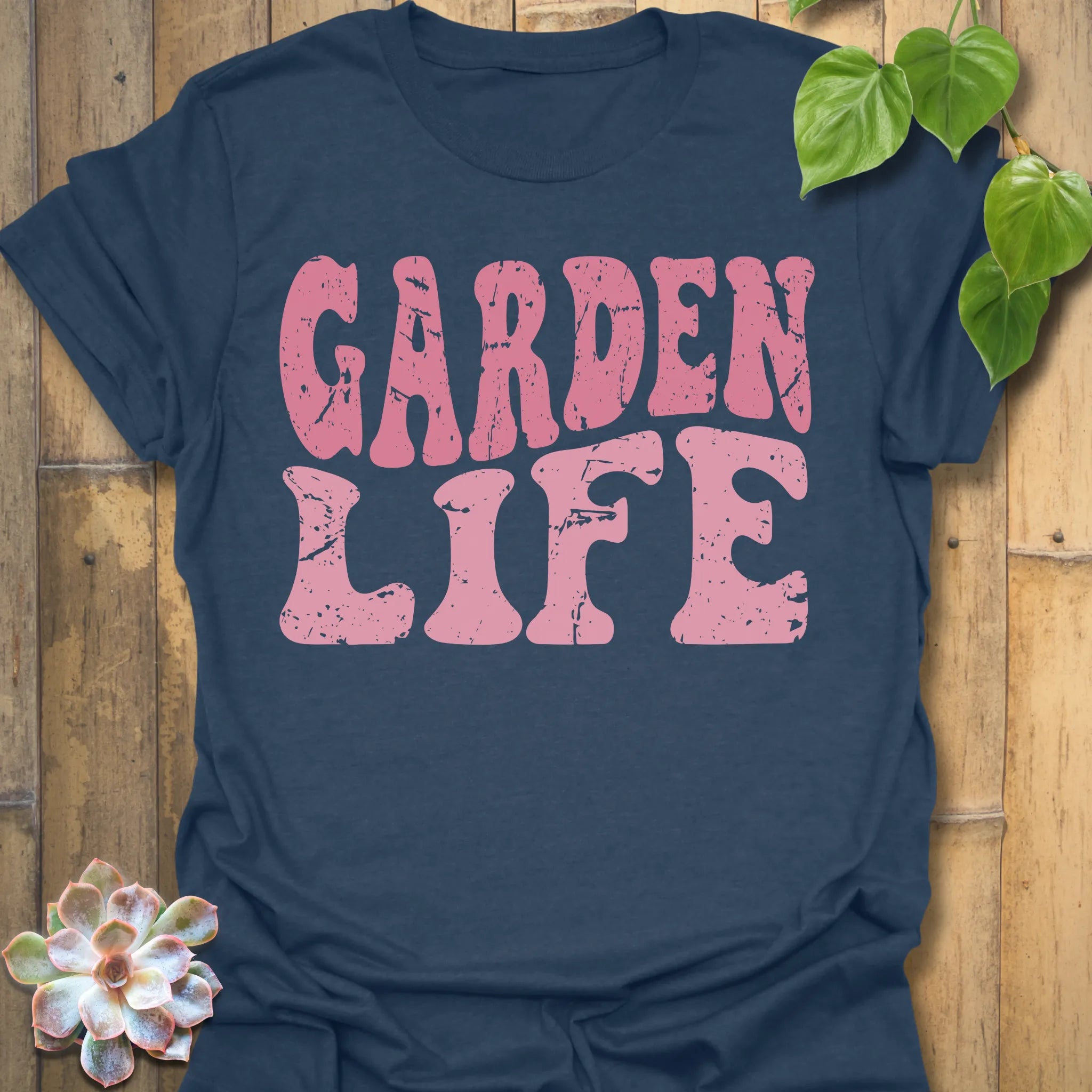 Heather Navy t-shirt featuring the design Garden Life printed in bold letters, garden lover shirt.
