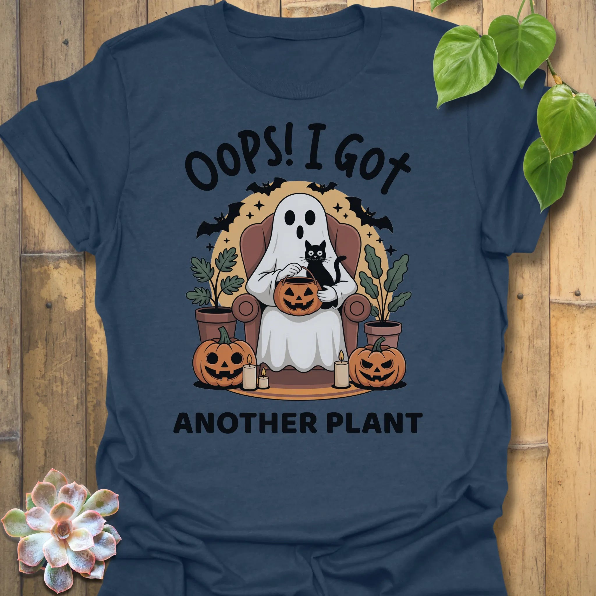 Heather Navy t-shirt featuring the design Got Another Plant printed in bold black letters, halloween gardening tee.