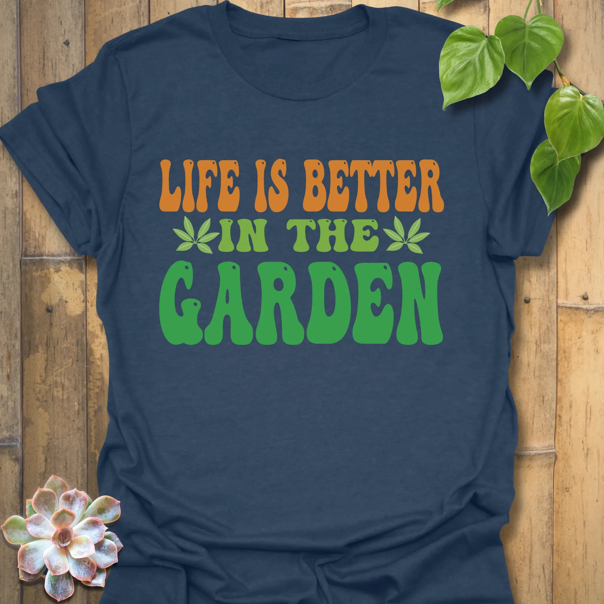 Heather Navy t-shirt featuring the design Life Is Better printed in bold letters, positive vibes t-shirt.