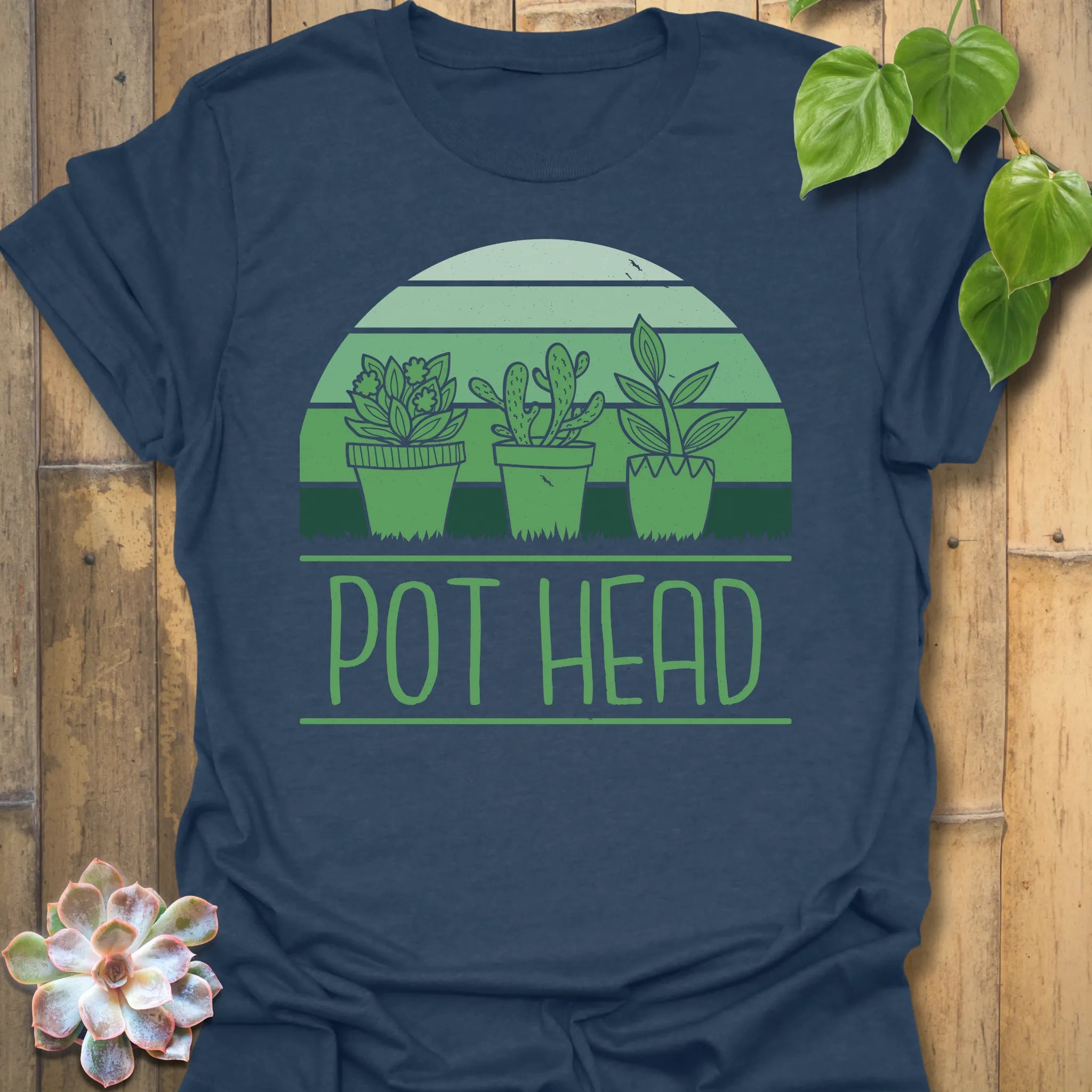 Heather Navy t-shirt featuring the design Pot Head printed in bold green letters, garden lover shirt.